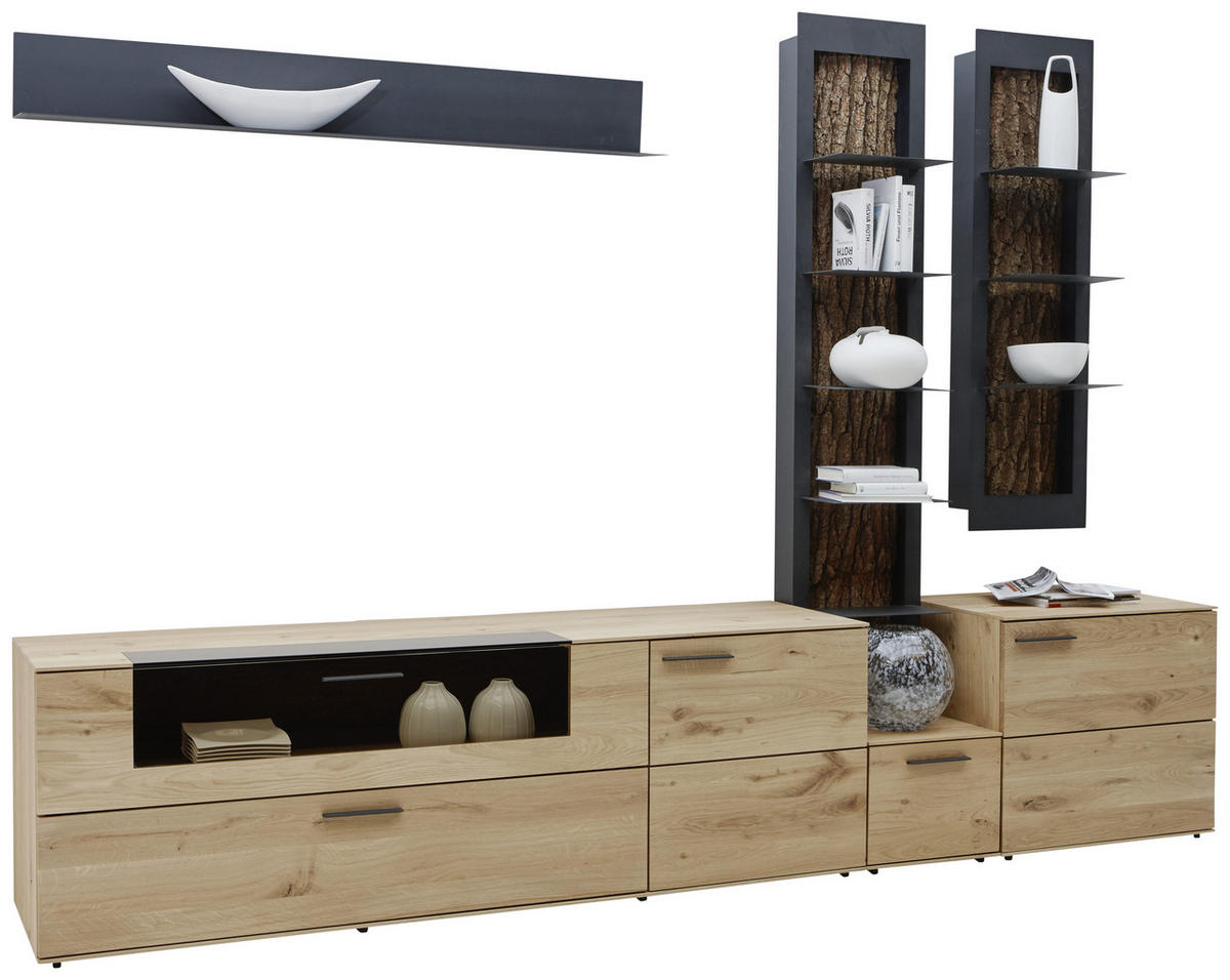 WOHNWAND  in Anthrazit, Eichefarben  298/214/49 cm  - Eichefarben/Anthrazit, Natur, Glas/Holz (298/214/49cm) - Valnatura