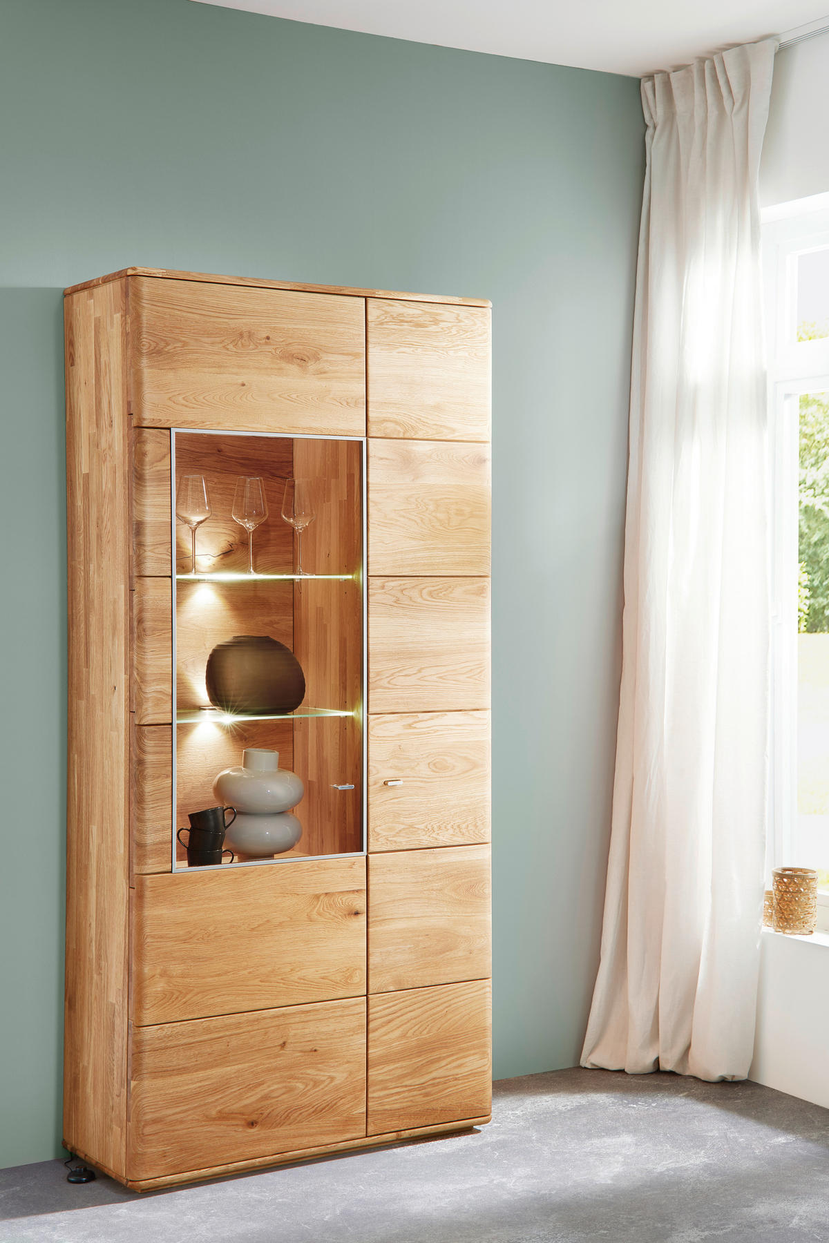 VITRINE in massiv Eiche Eichefarben  - Champagner/Eichefarben, KONVENTIONELL, Glas/Holz (95/201/39cm) - Linea Natura