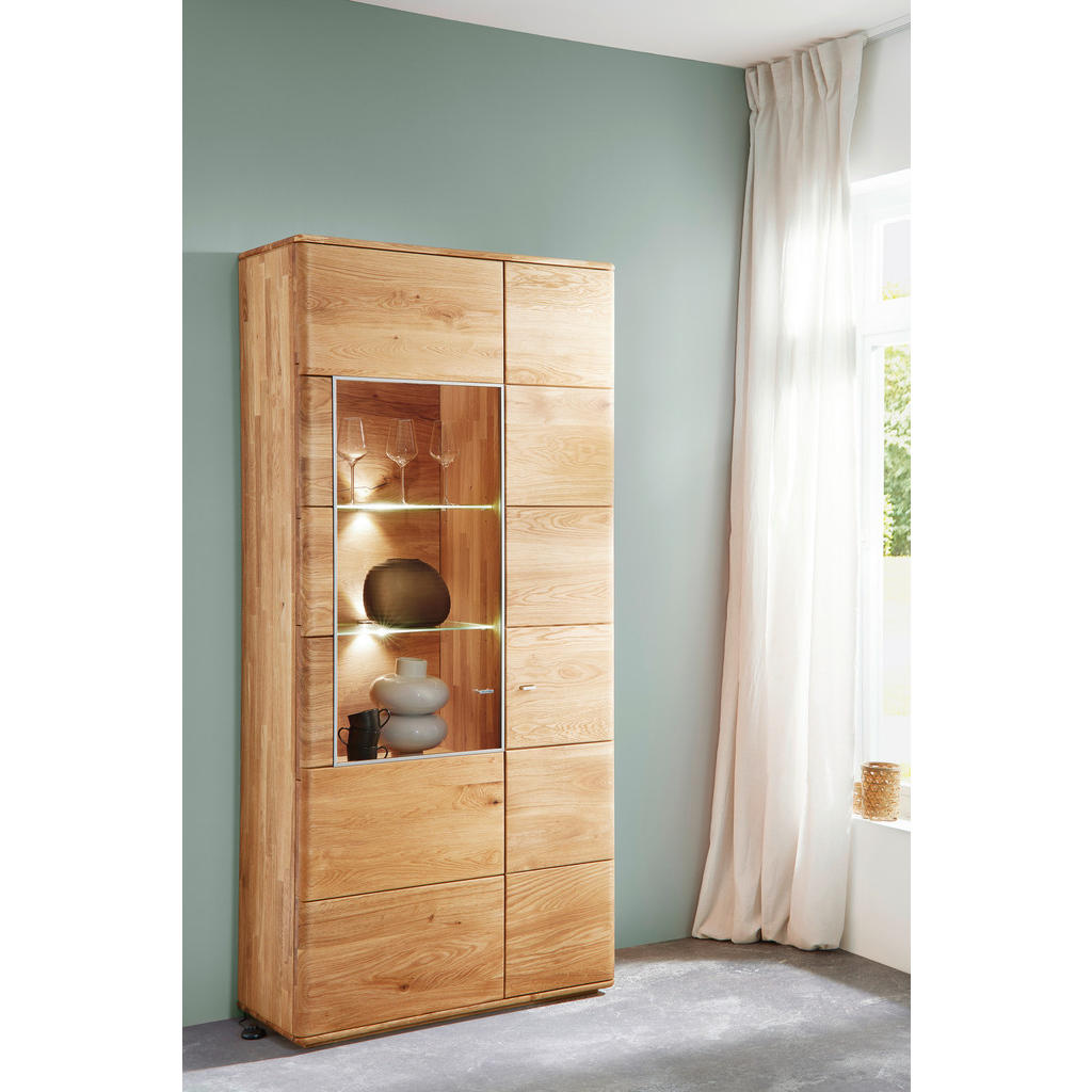 Thumbnail - Linea Natura Vitrine Denver, Eiche, Glas, Holz, Eiche, massiv, 10 Fächer, 95x201x39 cm, stehend, Typenauswahl, Beimöbel ...