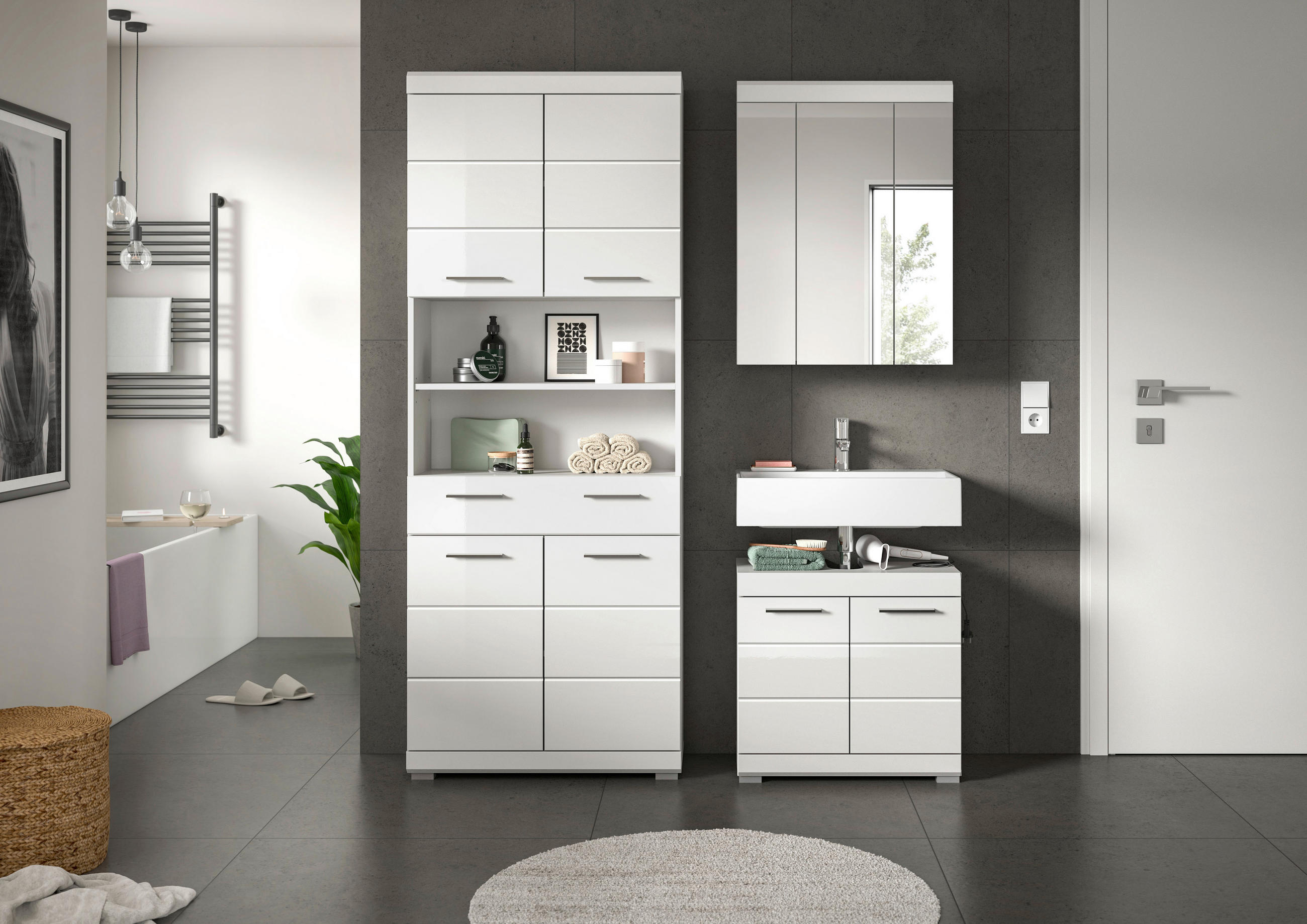 BADEZIMMER 3-teilig  in  - Weiß Hochglanz/Silberfarben, MODERN, Holzwerkstoff/Kunststoff (134cm) - MID.YOU