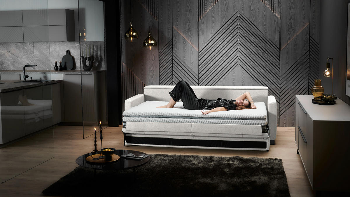 SCHLAFSOFA Flachgewebe Ecru haustierfreundlicher Bezug, Armteil rechts, Armteil links, Bettfunktion erhältlich, Schlafen auf Sitzhöhe, Stoffauswahl  - Ecru/Schwarz, Konventionell, Textil/Metall (232/77/116cm) - Dieter Knoll