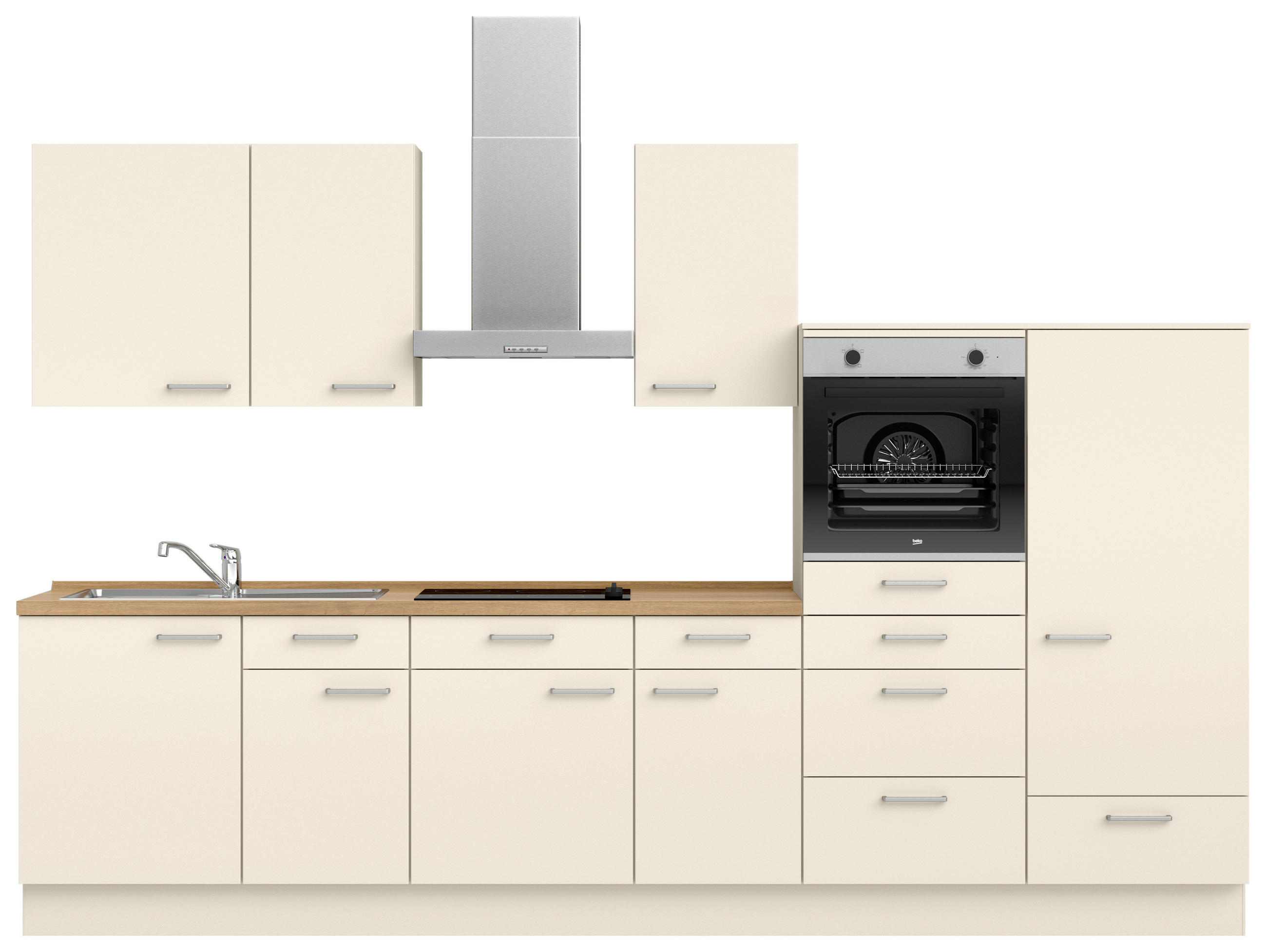 KÜCHENBLOCK 330 cm   in Eichefarben, Magnolie  - Edelstahlfarben/Eichefarben, MODERN, Holzwerkstoff/Metall (330cm) - Nobilia