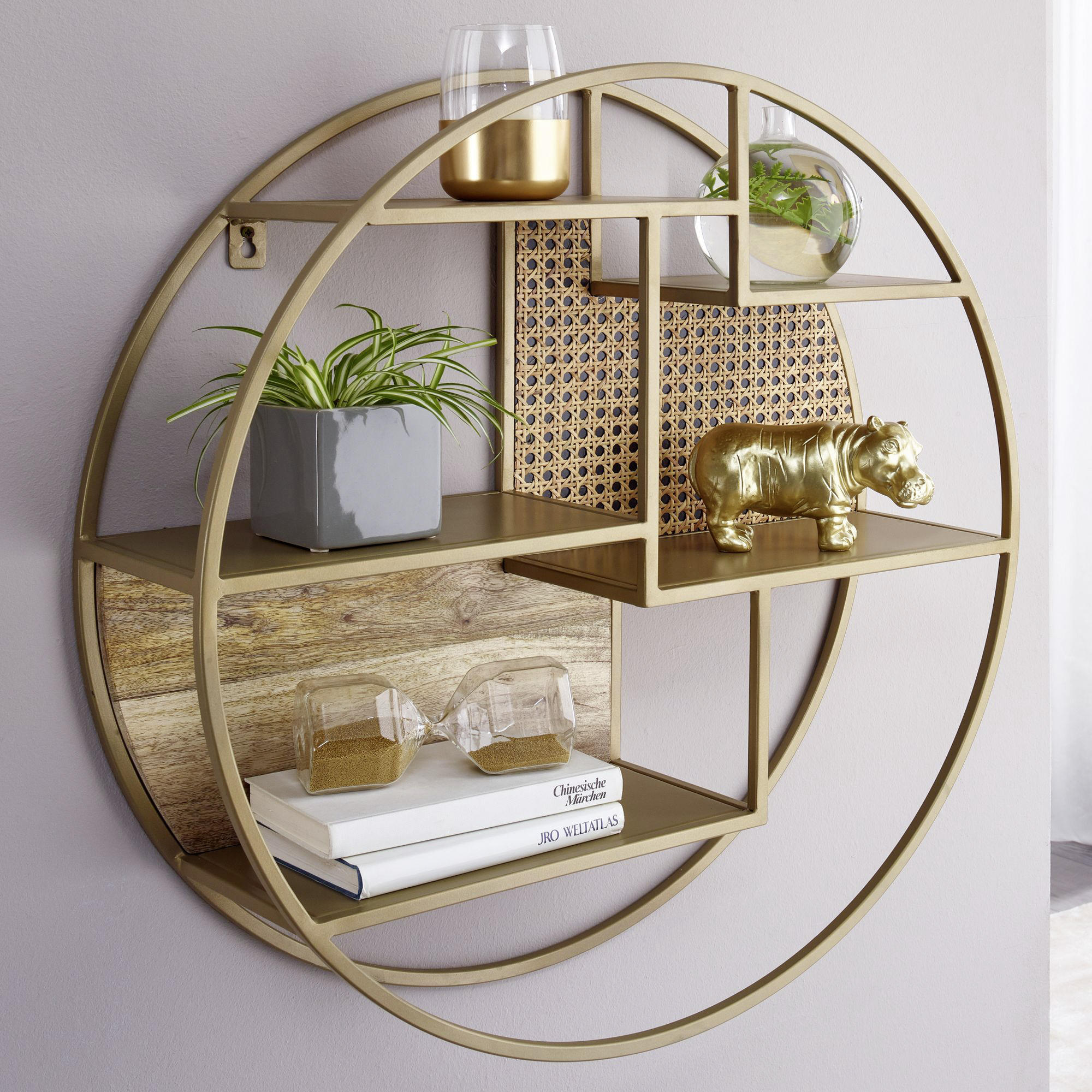 WANDREGAL Mangoholz, Rattan massiv Braun  - Messingfarben/Braun, MODERN, Holz/Metall (62/62/17cm) - MID.YOU