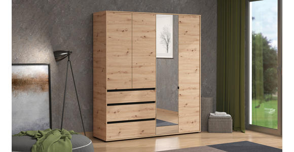 DREHTÜRENSCHRANK 4-türig Schwarz, Eiche Artisan  - Schwarz/Eiche Artisan, Basics, Glas/Holzwerkstoff (182,5/210,5/54,5cm) - Xora