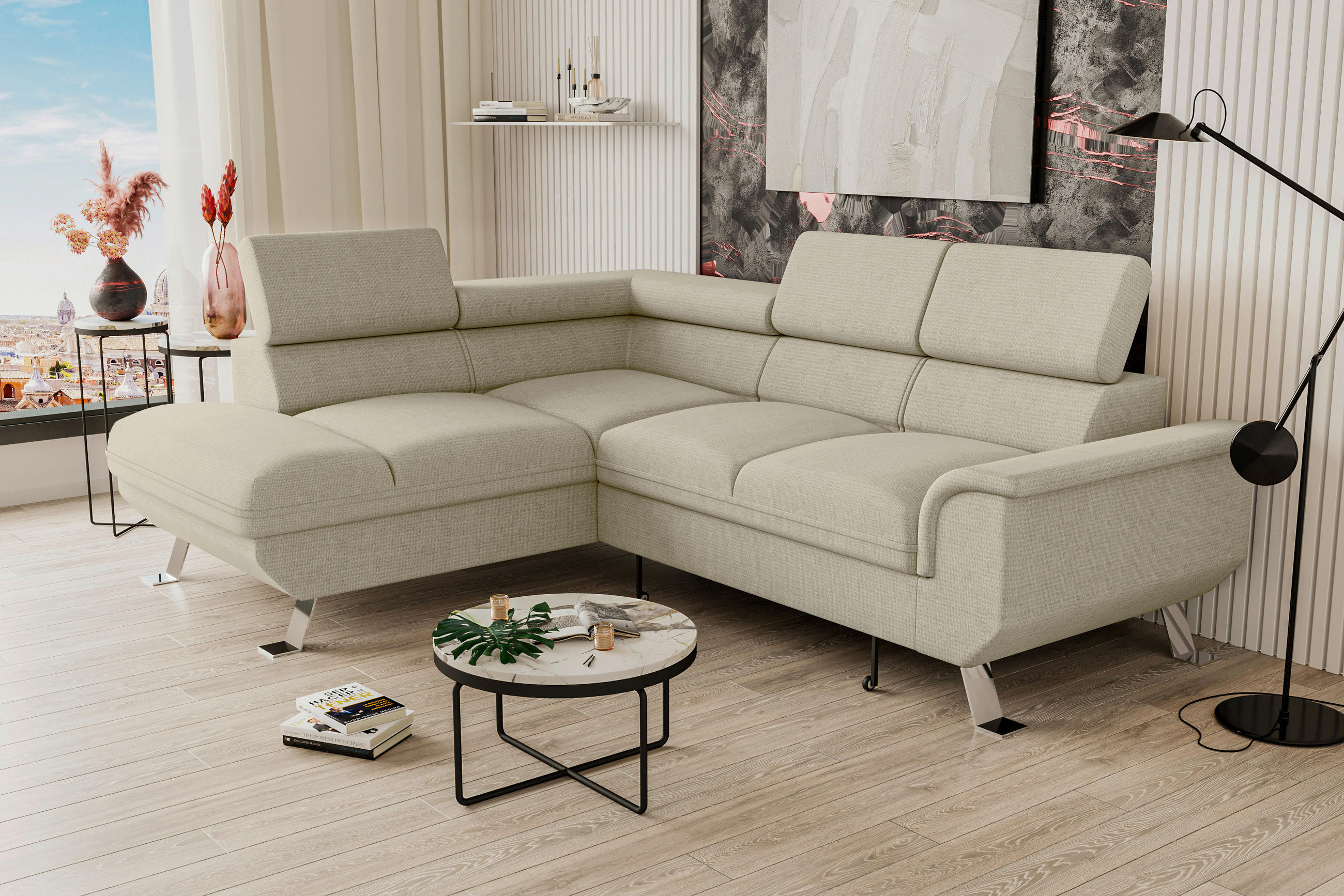 ECKSOFA Creme Struktur  - Silberfarben/Creme, KONVENTIONELL, Textil/Metall (207/268cm) - Carryhome
