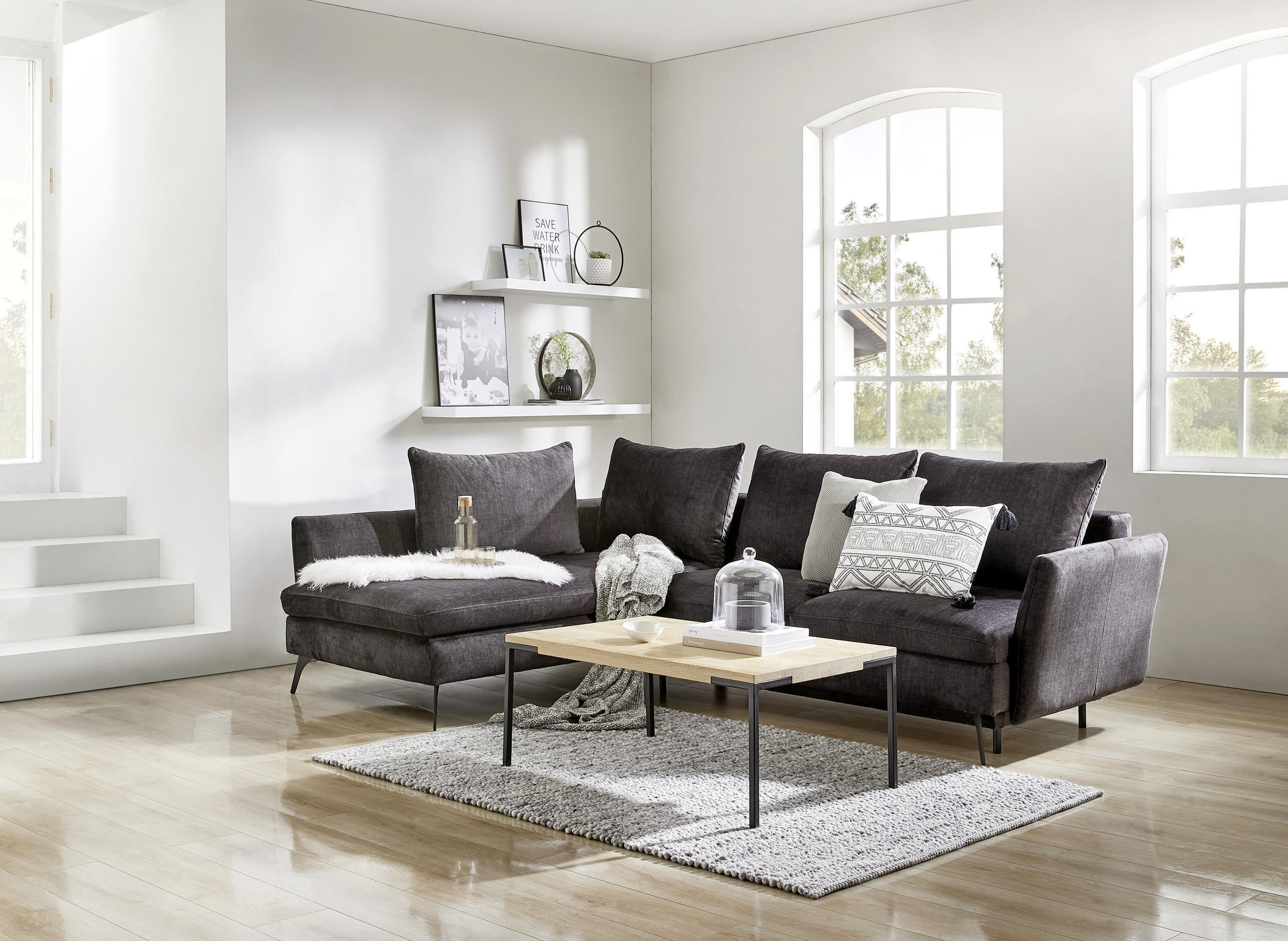 ECKSOFA inkl.Funktionen Dunkelgrau Webstoff - Dunkelgrau/Schwarz, Design, Textil/Metall (182/282cm)