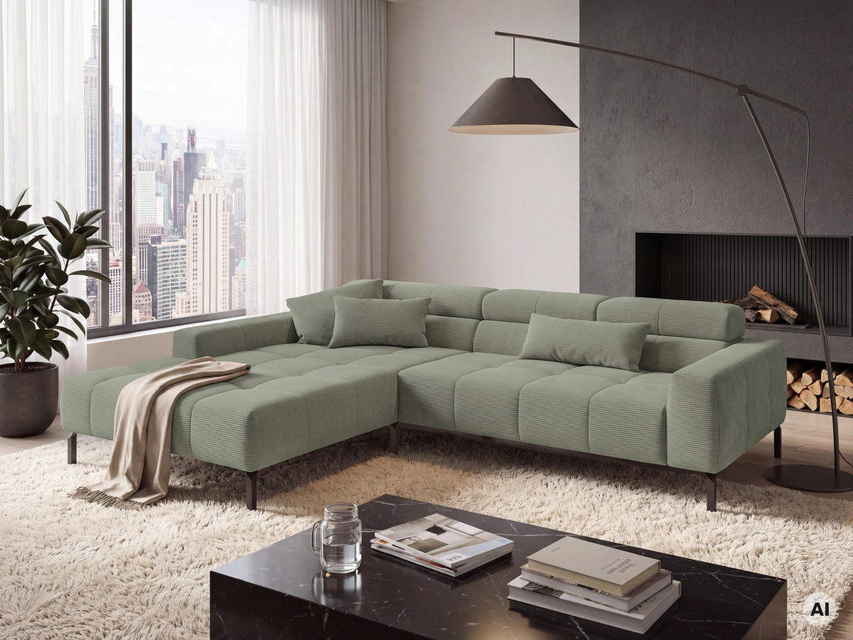 ECKSOFA Graugrün Feincord Rücken echt, Kopfteilverstellung, Sitztiefenverstellung  - Schwarz/Graugrün, KONVENTIONELL, Textil/Metall (226/293cm) - Hom`in