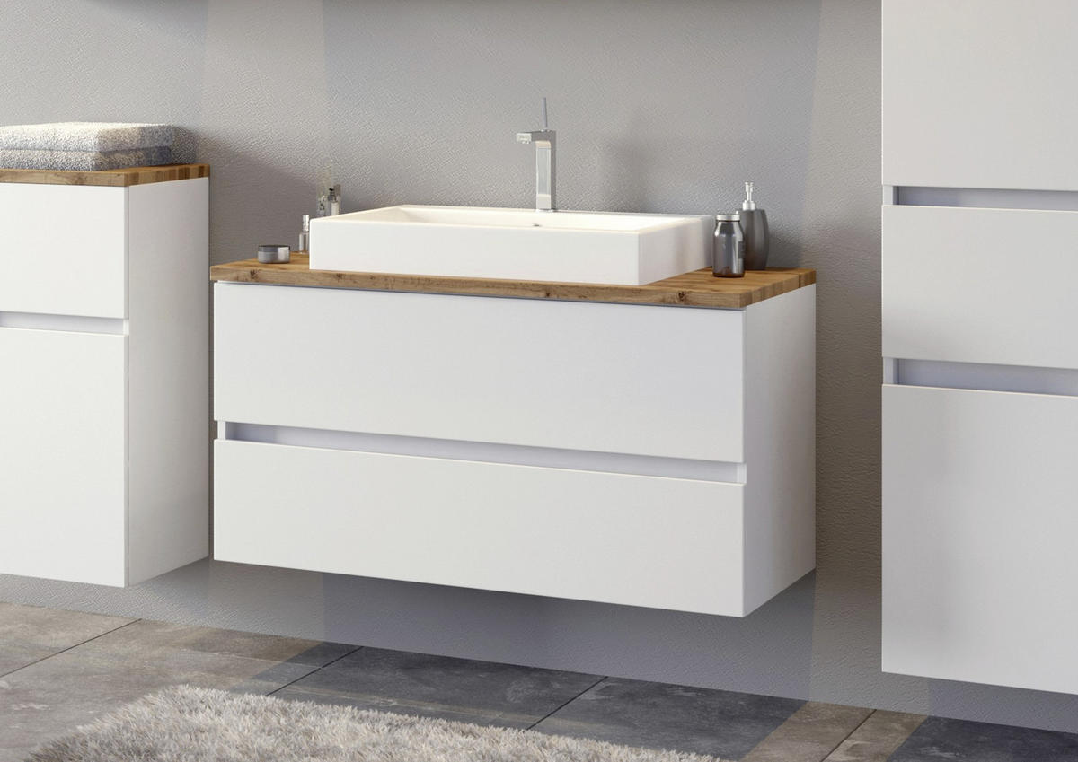 Waschtischkombi in Weiss 100 cm  - Weiss/Eichefarben, Basics, Keramik/Holzwerkstoff (100cm) - Held