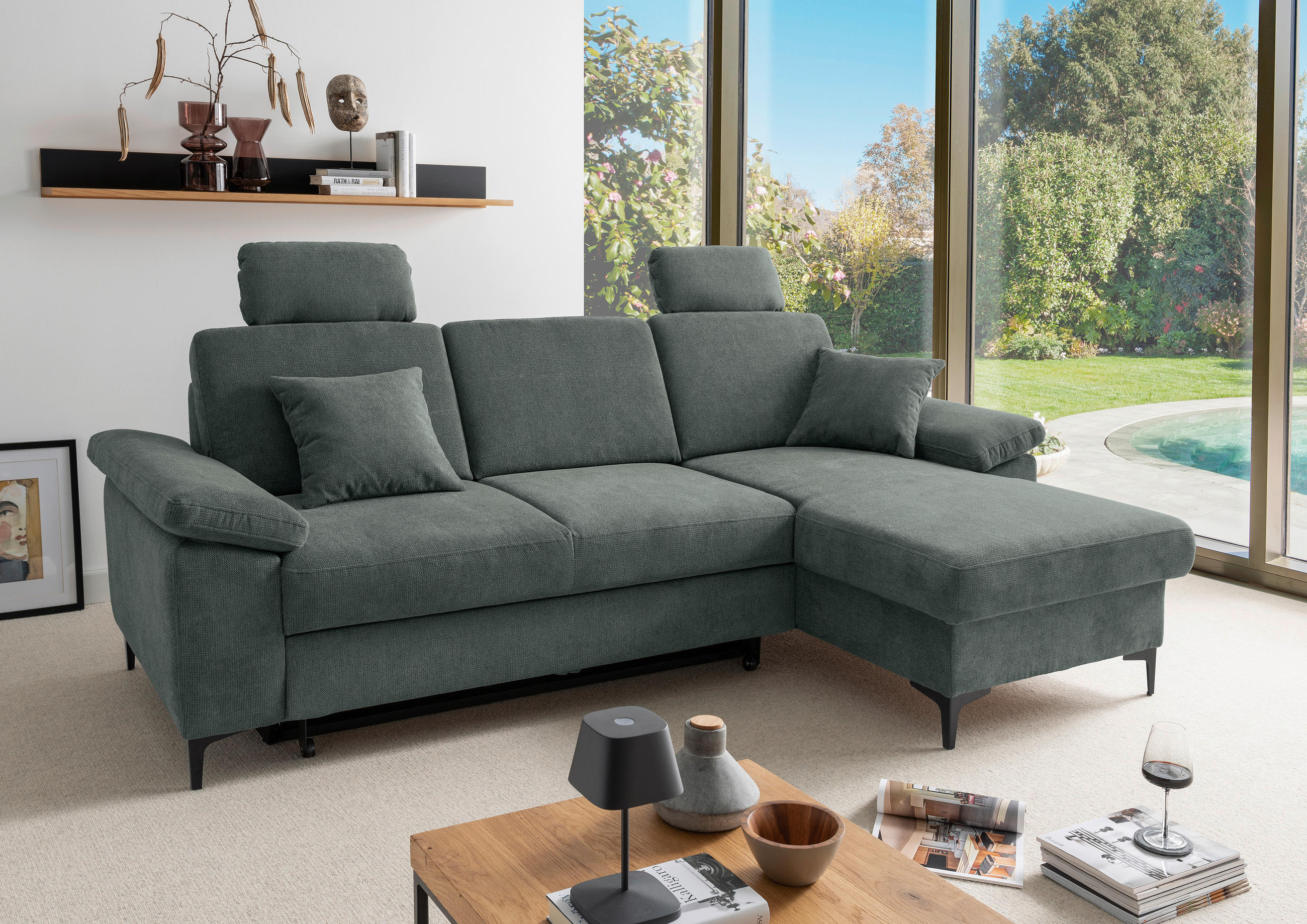 ECKSOFA Chenille Dunkelgrün  - Dunkelgrün/Schwarz, Konventionell, Textil/Metall (245/151cm) - Livetastic