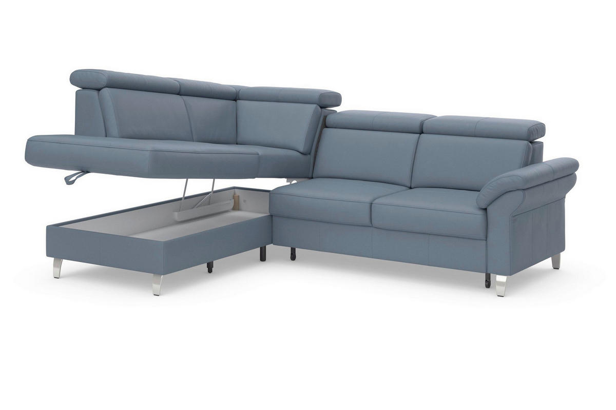 ECKSOFA ARNGAST E Graublau Kombination Echtleder/Stoff Mikrofaser Bettkasten, Kopfteilverstellung  - Chromfarben/Graublau, Basics, Leder/Textil (194/245cm) - Sit & More