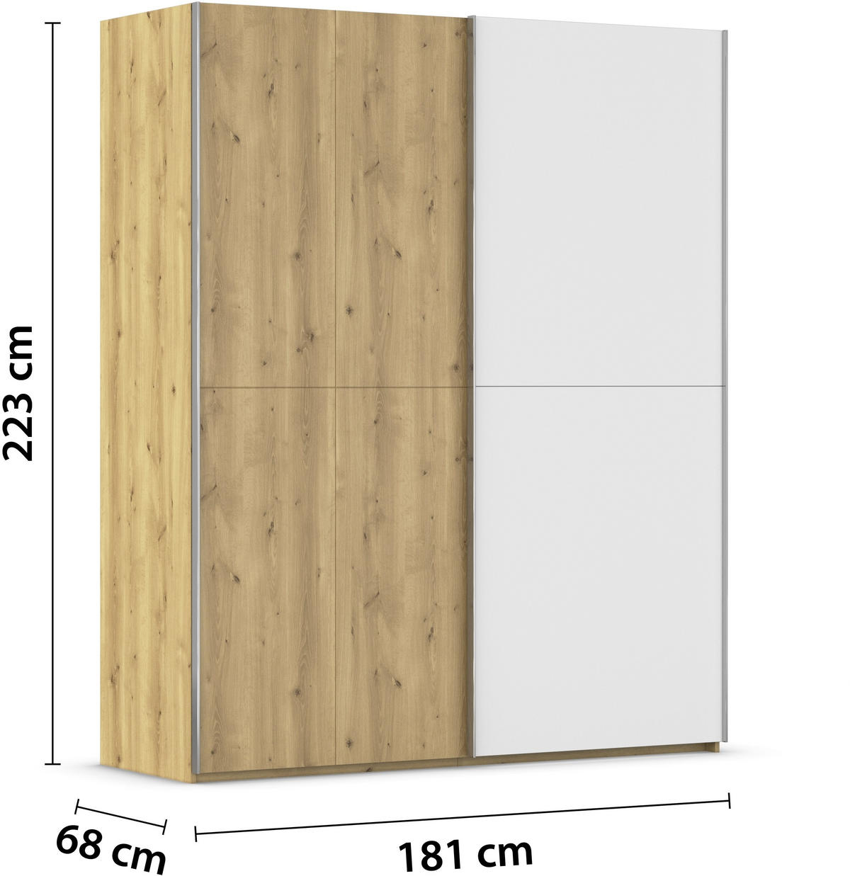 SCHWEBETÜRENSCHRANK 180/223/68 cm 2-türig Weiß, Eichefarben, Chromfarben  - Chromfarben/Eichefarben, Design, Glas/Holz (180/223/68cm) - Novel