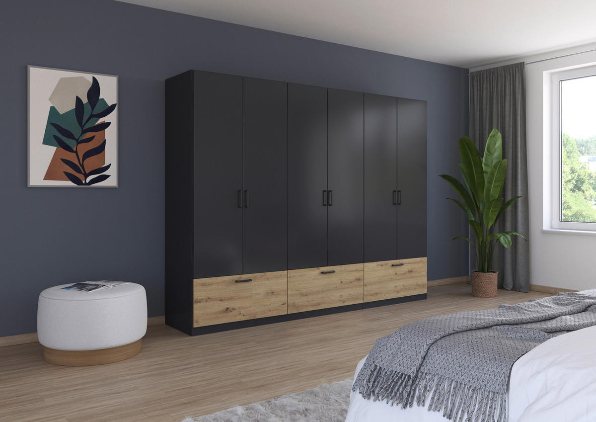 KLEIDERSCHRANK 271/210/54 cm 6-türig Grau, Eiche Artisan  - Eiche Artisan/Grau, Basics, Holzwerkstoff/Metall (271/210/54cm) - Rauch Möbel
