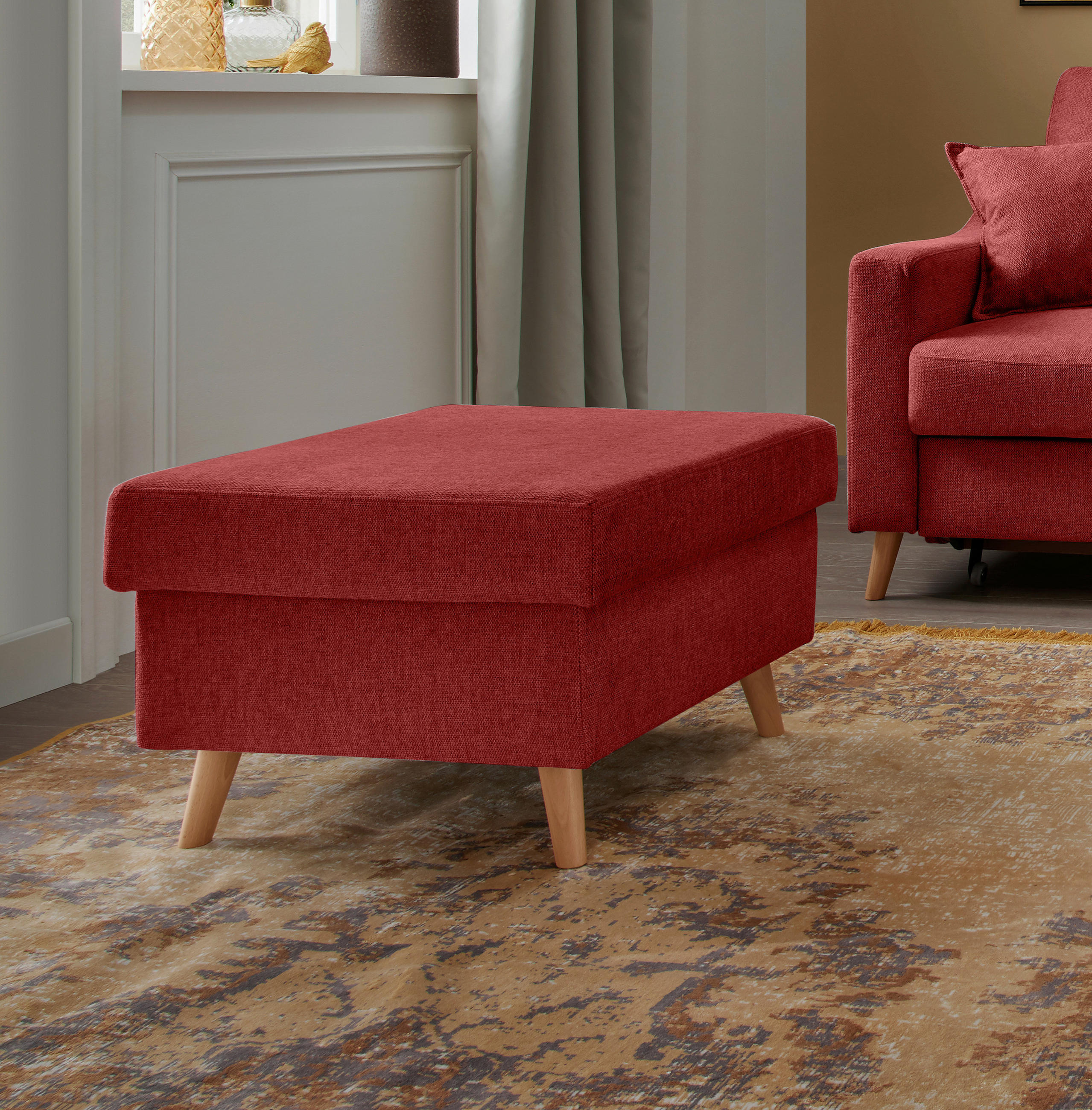 HOCKER in Textil Rot  - Rot/Naturfarben, Design, Holz/Textil (61/43/61cm) - P & B
