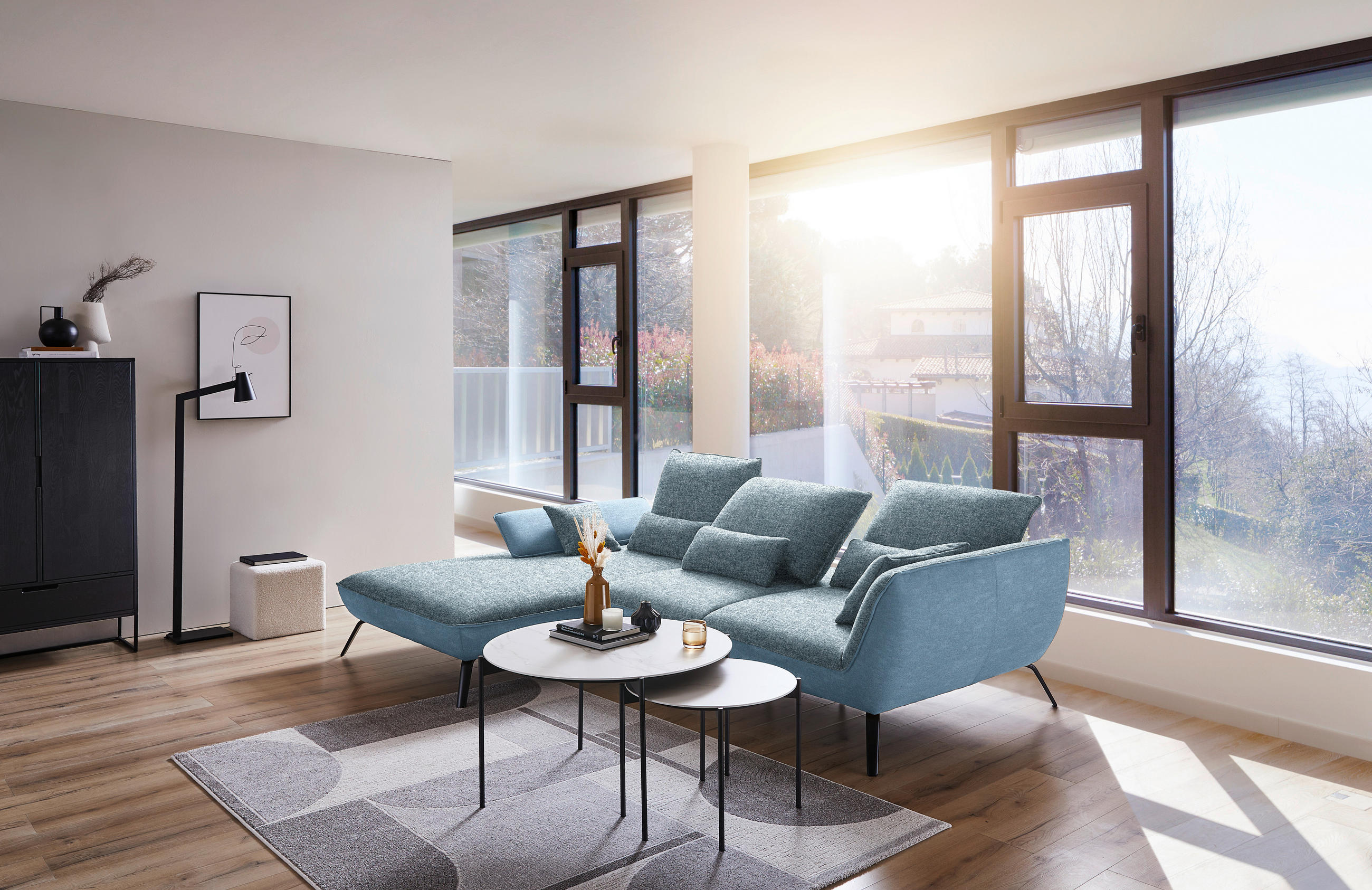 ECKSOFA in Flachgewebe Blau  - Blau/Schwarz, Design, Textil/Metall (191/301cm) - Moderano