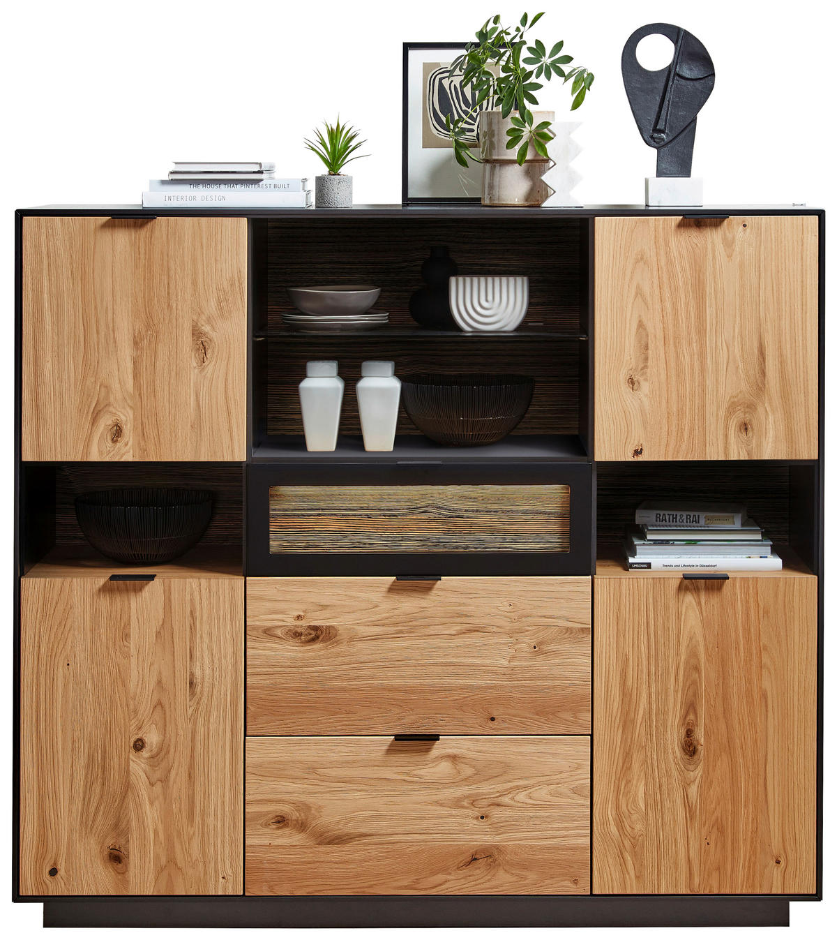 HIGHBOARD Schwarz, Eichefarben  145/130/38 cm  - Eichefarben/Schwarz, Design, Glas/Holz (145/130/38cm) - Novel