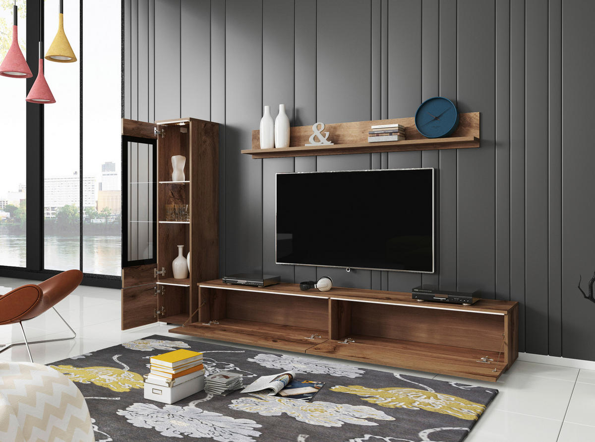 WOHNWAND 3-teilig  in Eiche Wotan  210/130/33 cm  - Eiche Wotan/Grau, LIFESTYLE, Glas/Holzwerkstoff (210/130/33cm) - P & B