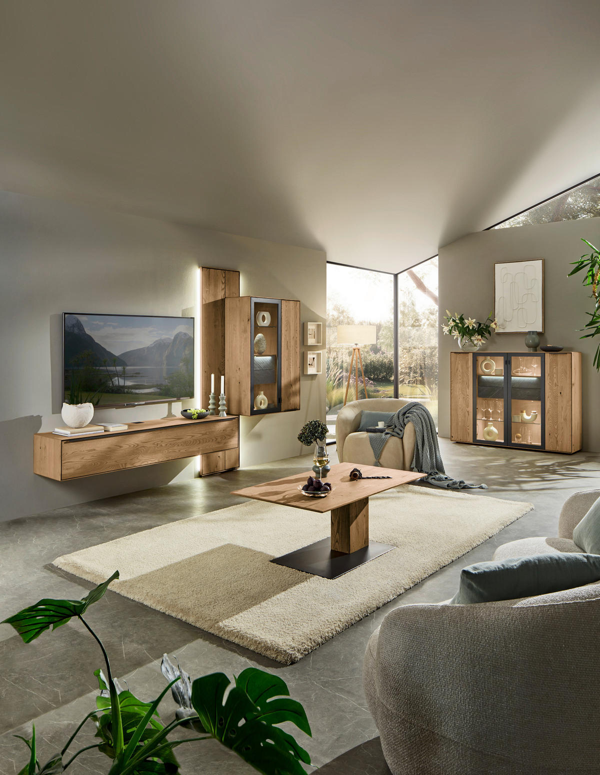 WOHNWAND  Anthrazit, Kastanienfarben 273,8/205,5/39,5 cm  - Kastanienfarben/Anthrazit, Natur, Glas/Holz (273,8/205,5/39,5cm) - Valnatura