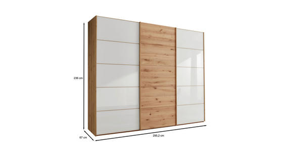SCHWEBETÜRENSCHRANK 300/236/67 cm 3-türig Weiß, Eiche Bianco - Eiche Bianco/Weiß, Natur, Glas/Holz (300/236/67cm) - Linea Natura