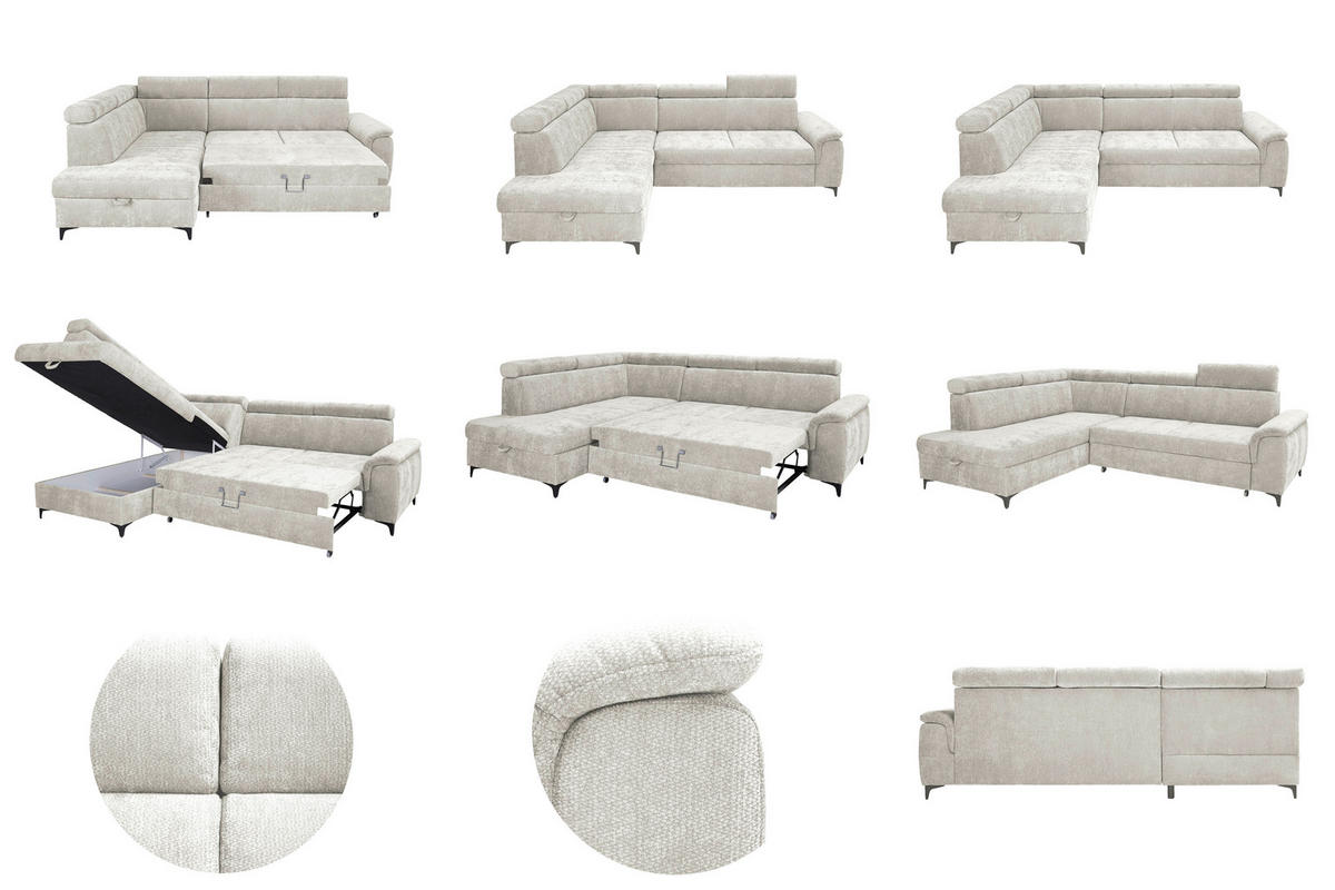 ECKSOFA Elfenbein Chenille Bettkasten, Schlaffunktion, Rücken echt, Kopfteilverstellung, Liegefläche im Originalstoff  - Elfenbein/Schwarz, KONVENTIONELL, Textil/Metall (206/265cm) - Carryhome