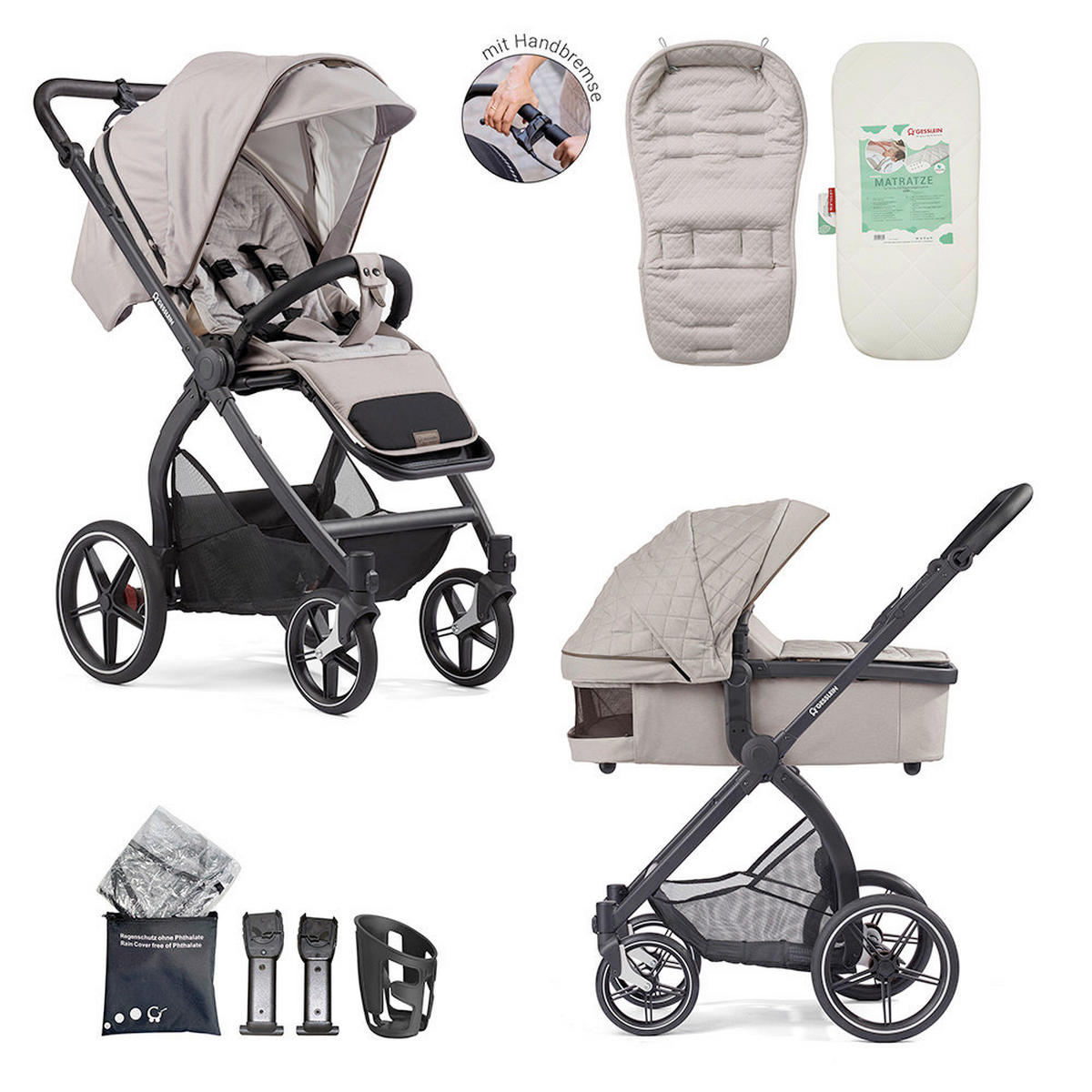 KOMBIKINDERWAGEN  FX4 Swing Set mit Handbremse  Steingrau-Schwarz-Tabak  - Hellgrau/Schwarz, Basics, Textil (100/55/130cm) - Gesslein