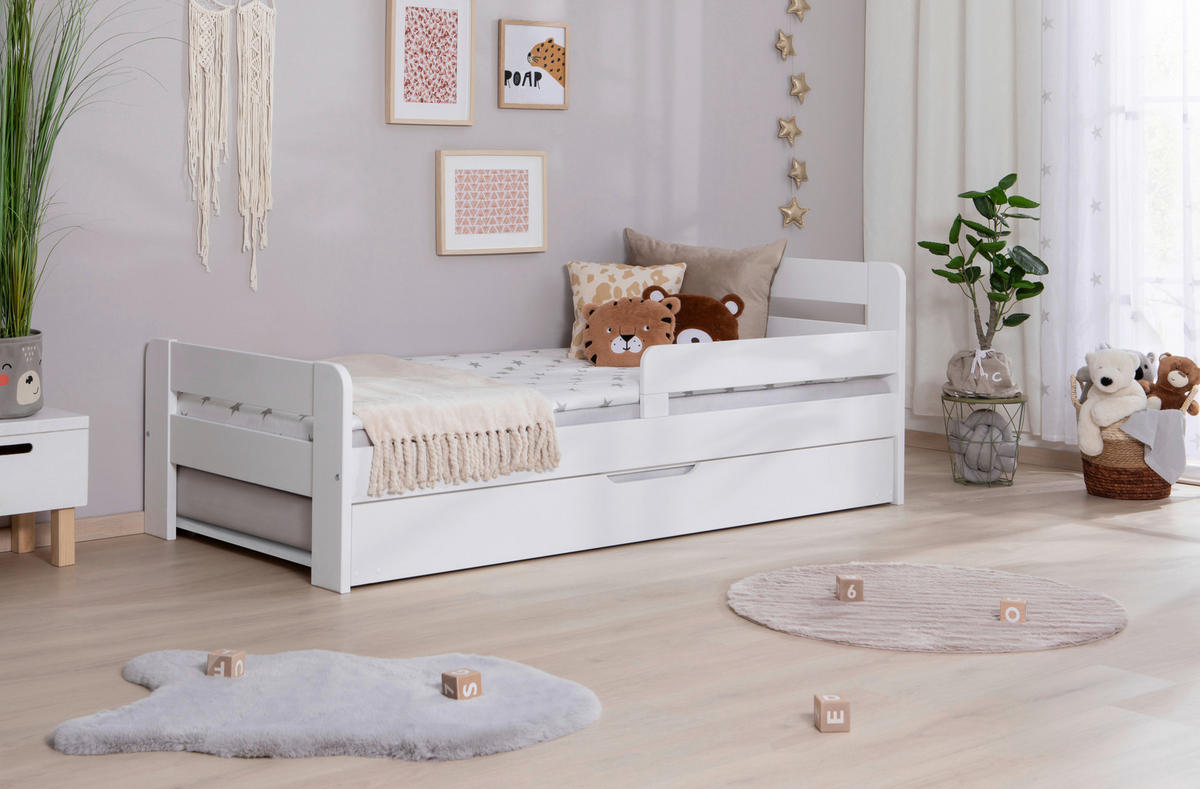 AUSZIEHBETT 100/200 cm,  in Weiß, Bettschublade, Absturzsicherung, Rollrost für Zusatzbett, Rollrost für Hauptbett  - Naturfarben/Weiß, MODERN, Holz (100/200cm) - Livetastic
