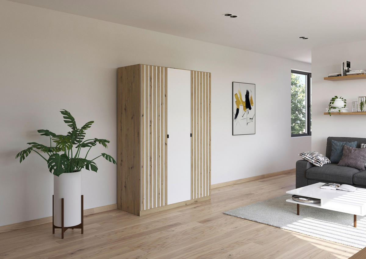 DREHTÜRENSCHRANK  in Weiß, Eiche Artisan  - Eiche Artisan/Weiß, MODERN, Holzwerkstoff/Metall (136/197/54cm) - Rauch Möbel