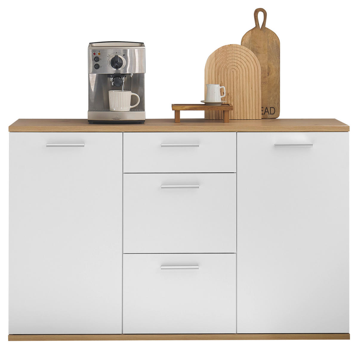 ŠIROKÁ KOMODA, bílá, dub artisan, 135/86/38 cm - bílá/barvy stříbra, Design, kompozitní dřevo/plast (135/86/38cm) - MID.YOU