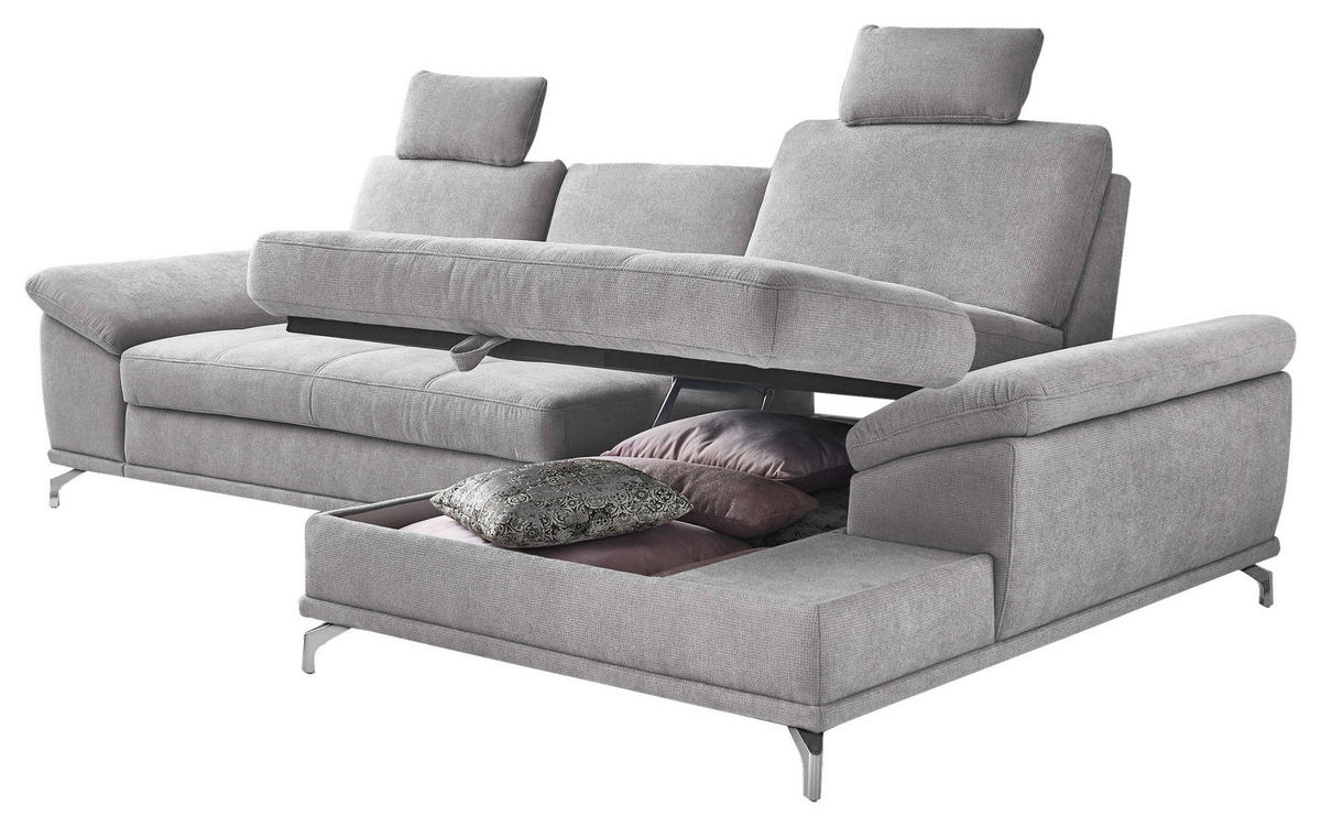 ECKSOFA Silberfarben Flachgewebe Bettkasten, Schlaffunktion, Sitztiefenverstellung, Kopfstütze, Liegefläche im Originalstoff  - Silberfarben, KONVENTIONELL, Textil/Metall (301/176cm) - Sit & More