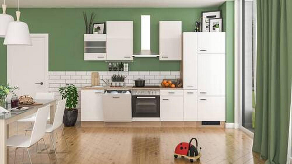 KUCHYNSKÁ LINKA VALERO 310 - biela s vysokým leskom/farba ušľachtilej ocele, Modern, kov/kompozitné drevo (310cm) - FlexWell