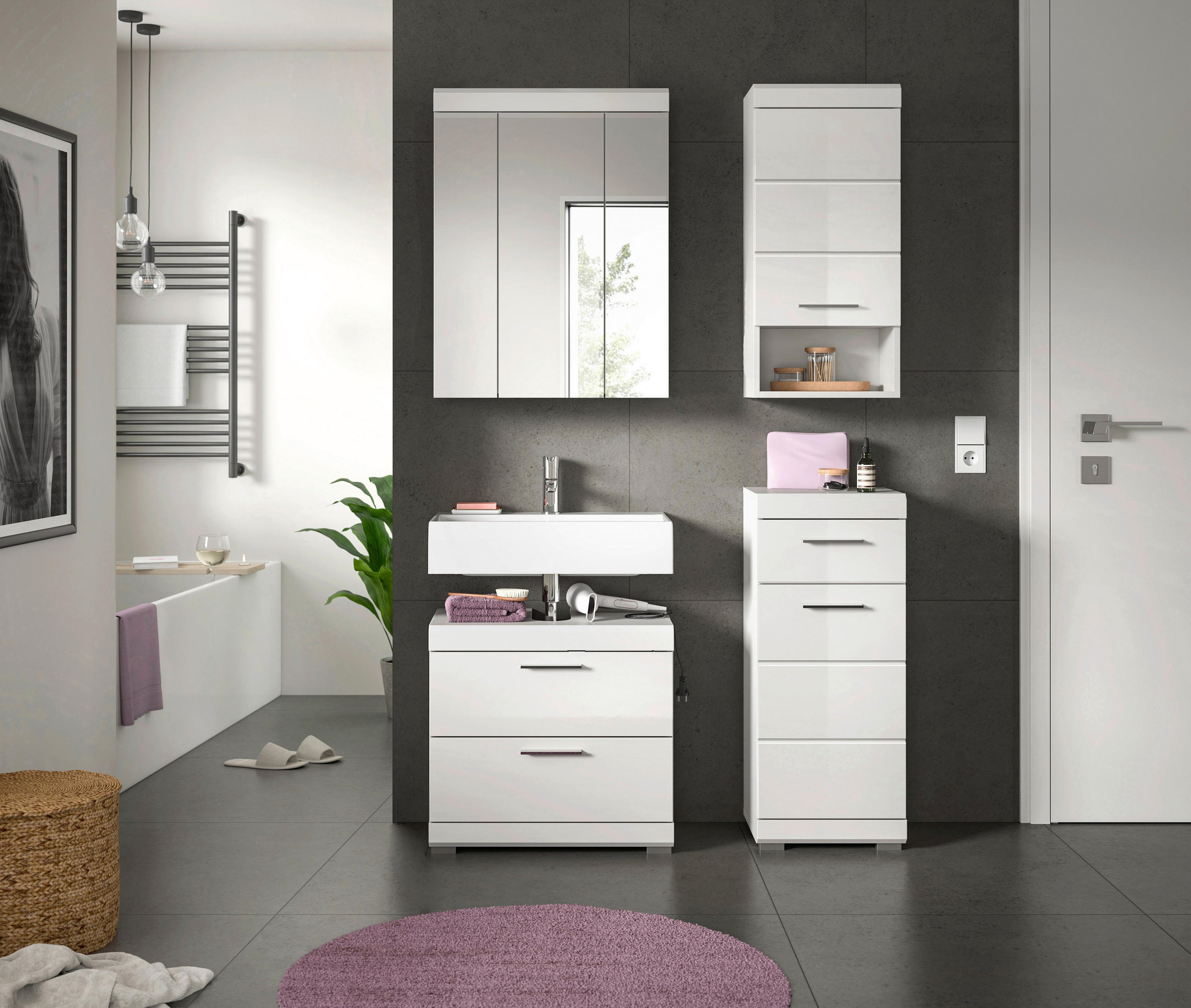 BADEZIMMER 4-teilig  in 97 cm  - Weiß Hochglanz/Silberfarben, MODERN, Glas/Holzwerkstoff (97cm) - MID.YOU