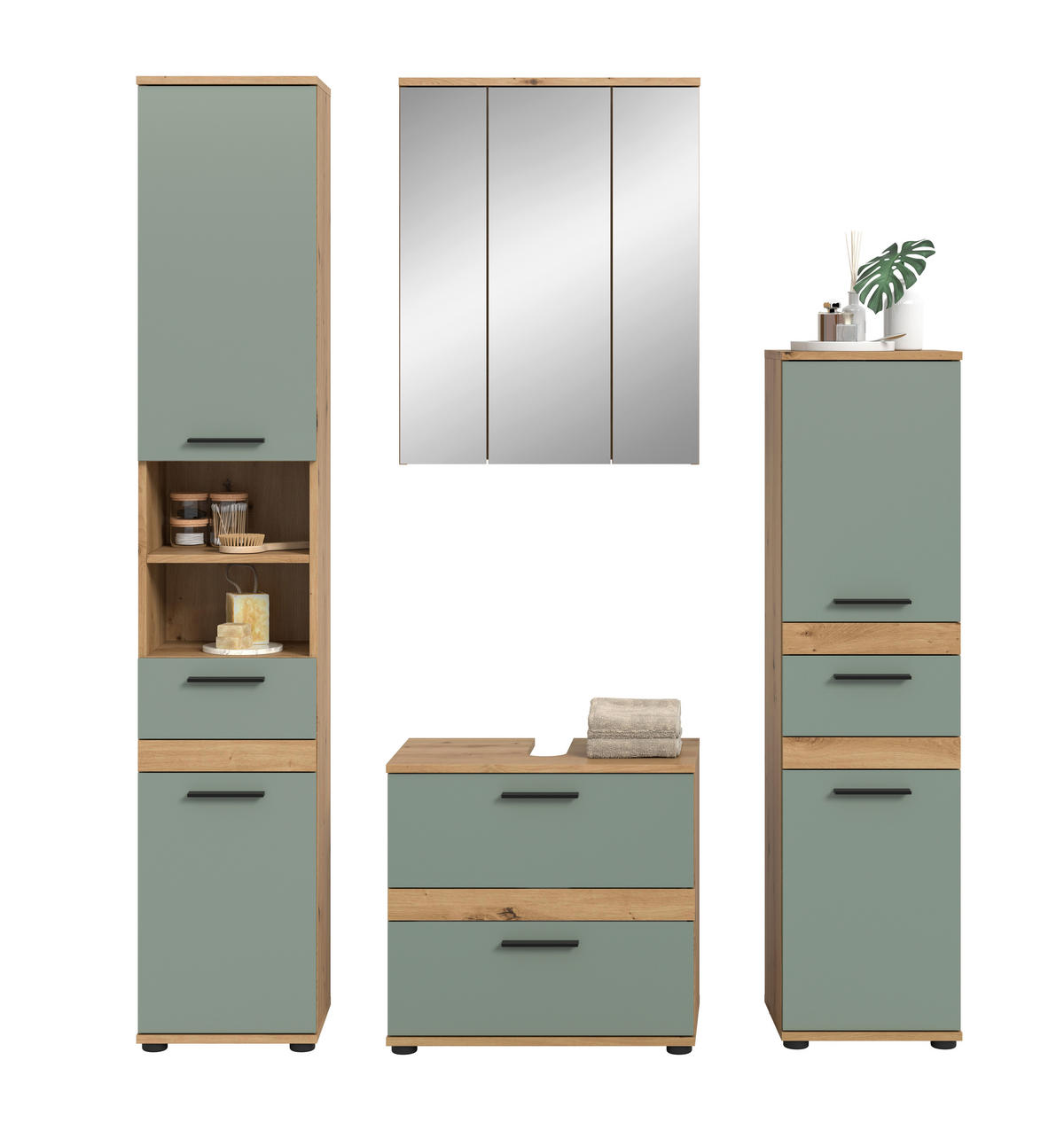BADEZIMMER 4-teilig  in 160 cm  - Salbeigrün/Schwarz, Trend, Glas/Holzwerkstoff (160cm) - MID.YOU