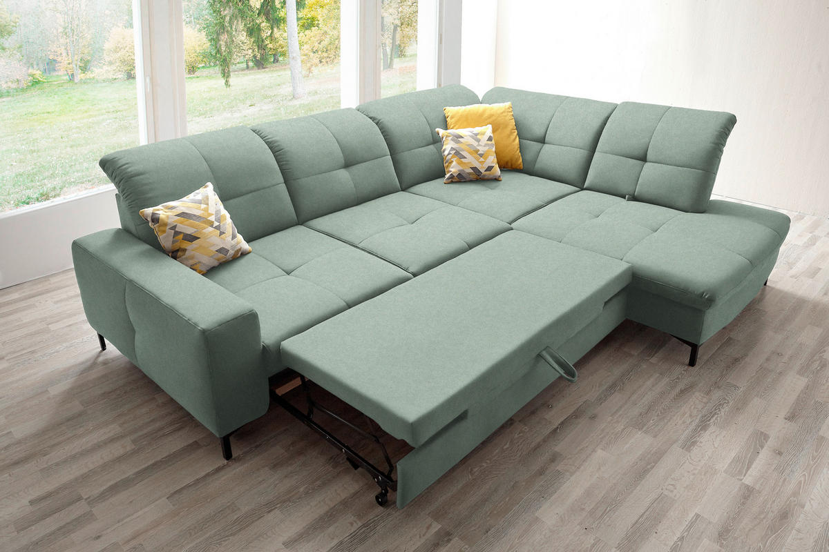 ECKSOFA in Chenille Mintgrün  - Schwarz/Mintgrün, Design, Textil/Metall (310/240cm) - Xora