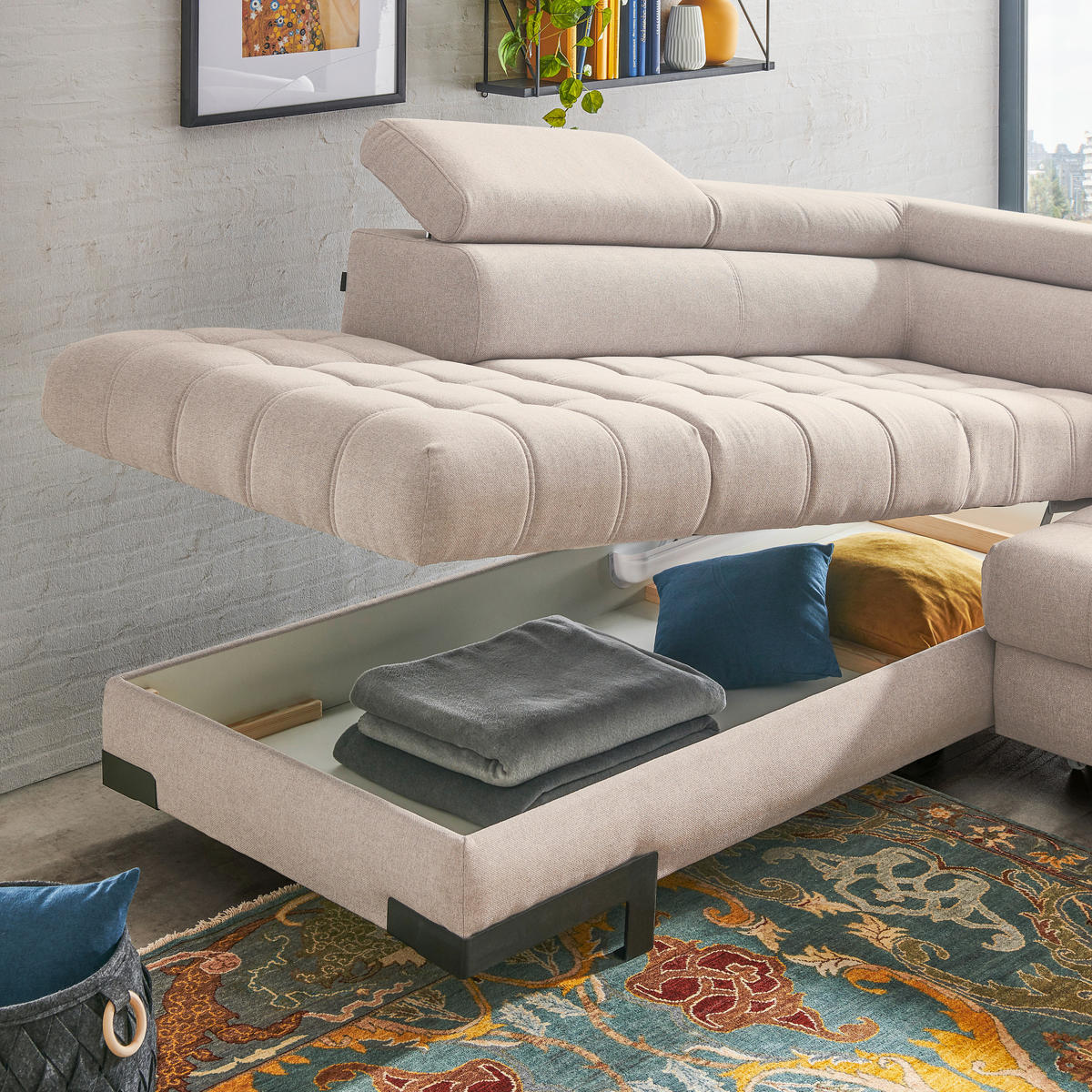 ECKSOFA in Webstoff Beige  - Beige/Schwarz, Design, Textil/Metall (223/263cm) - Welnova