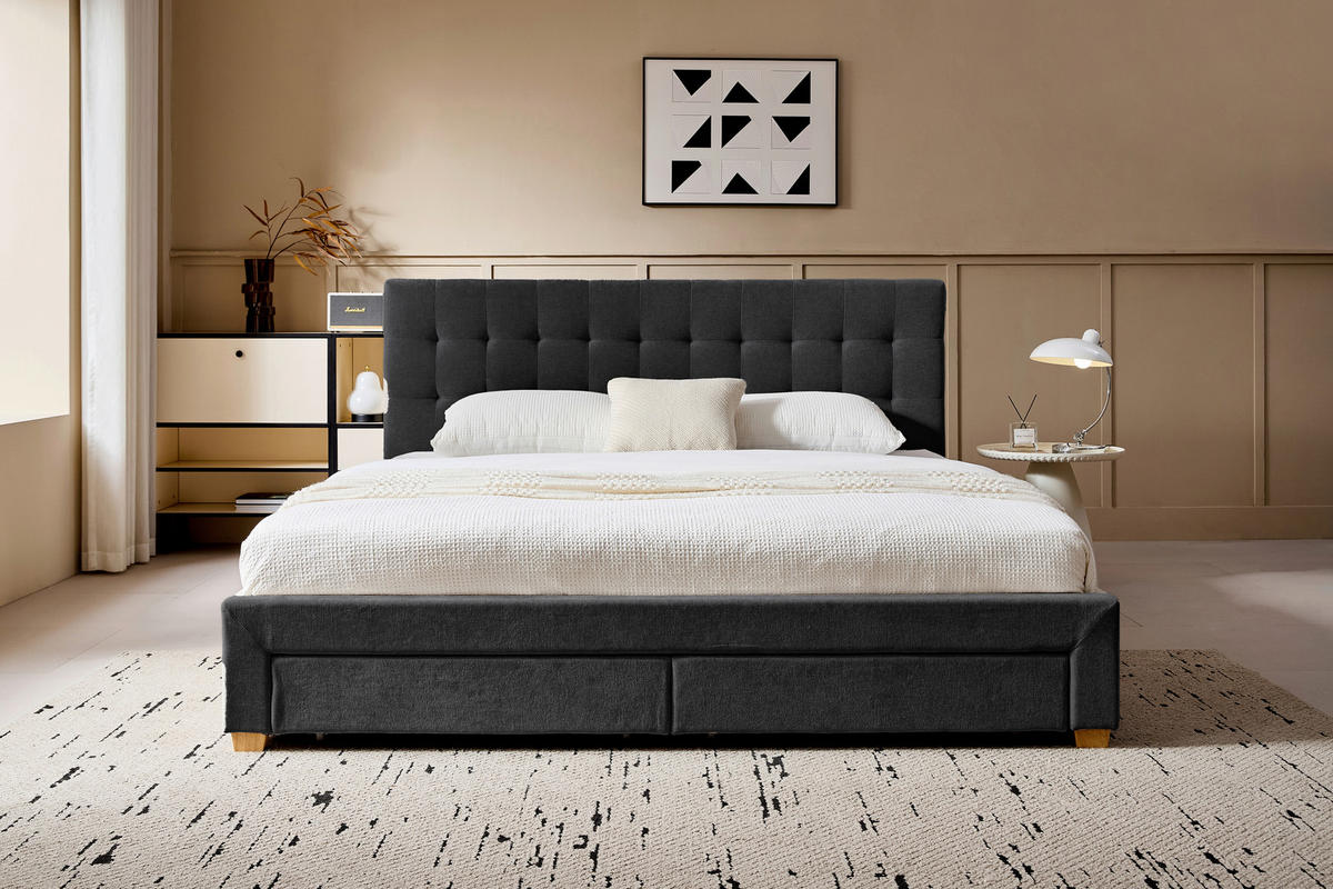 POLSTERBETT 140/200 cm, inkl. gepolstertes Kopfteil, Lattenrost, Bettschubladen,  in Dunkelgrau  - Dunkelgrau/Naturfarben, Design, Holz/Textil (140/200cm) - Boxxx