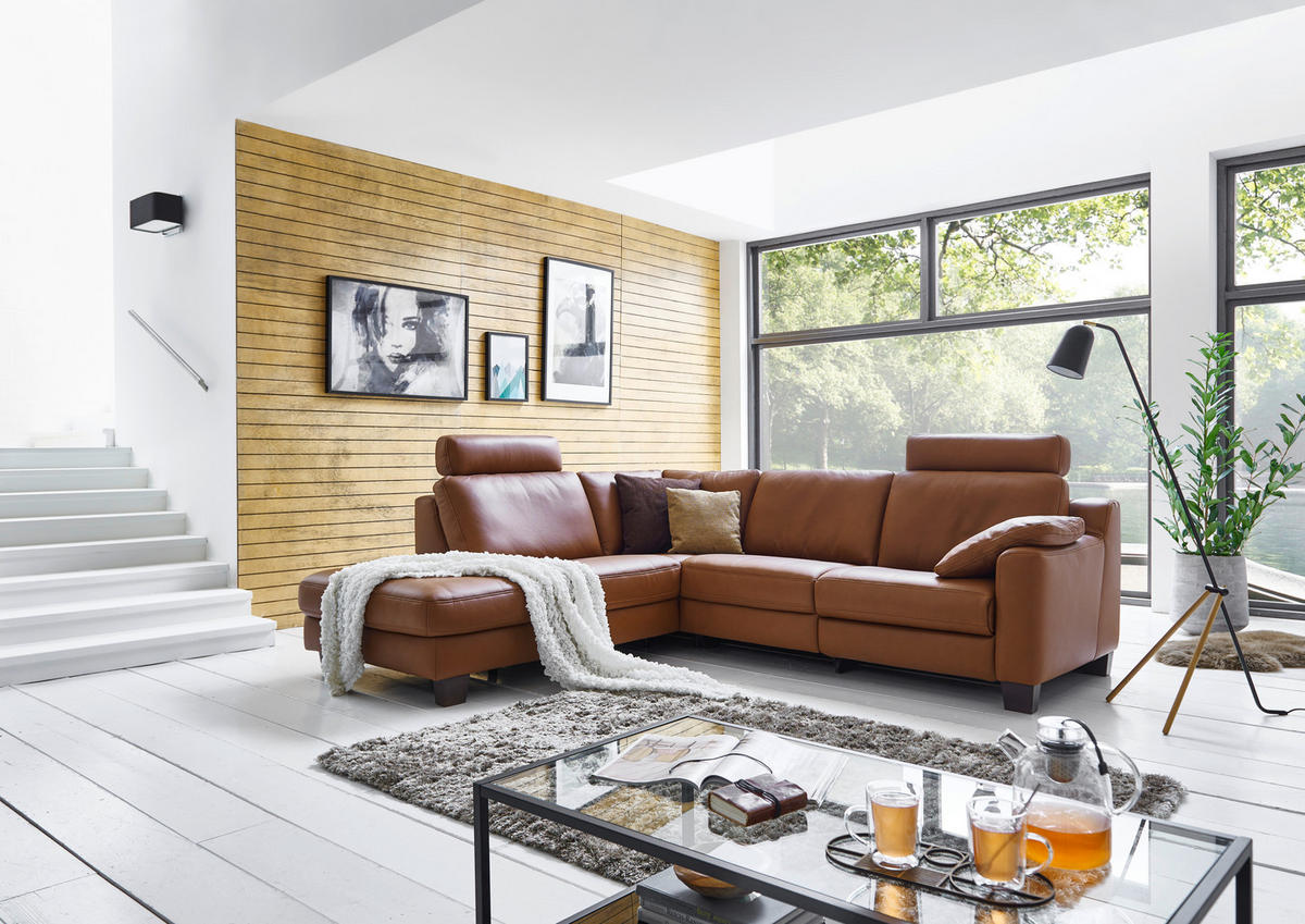 ECKSOFA in Echtleder Braun  - Eichefarben/Braun, Design, Leder/Holz (235/259cm) - Valdera