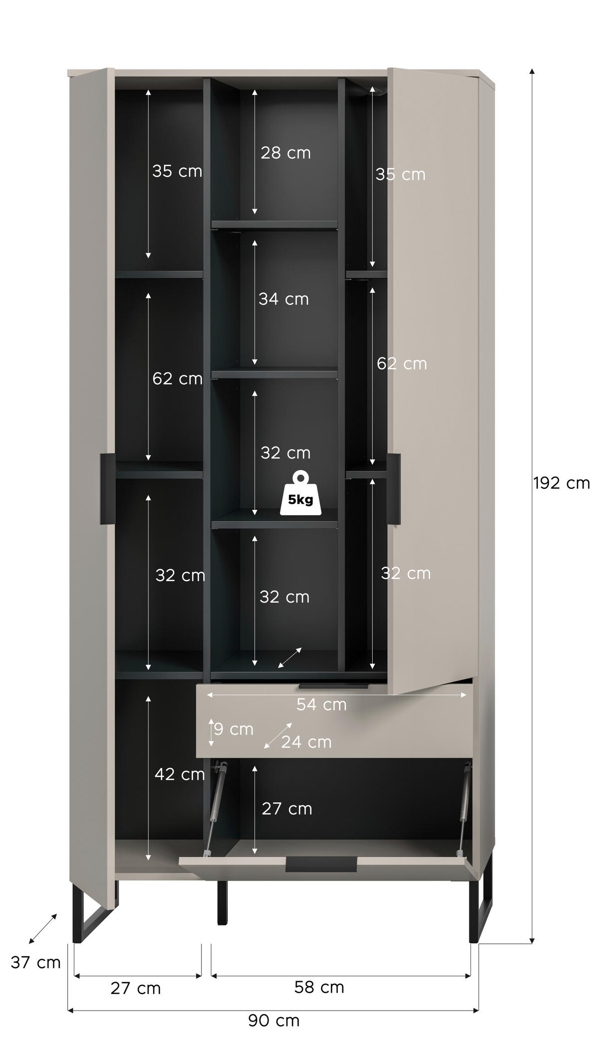 STANDREGAL  90/192/37 cm Kaschmir  - Kaschmir/Schwarz, Design, Holzwerkstoff/Metall (90/192/37cm) - Livetastic