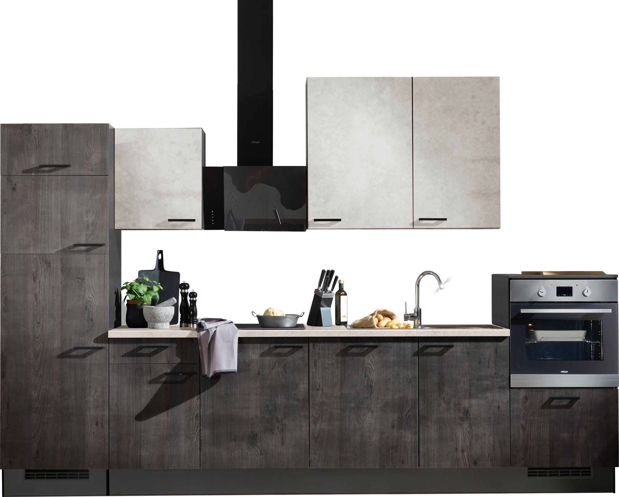 KÜCHENLEERBLOCK 340 cm   in Graphitfarben, Hellgrau, Eiche dunkel  - Eiche dunkel/Schwarz, Design, Holzwerkstoff/Metall (340cm) - Xora