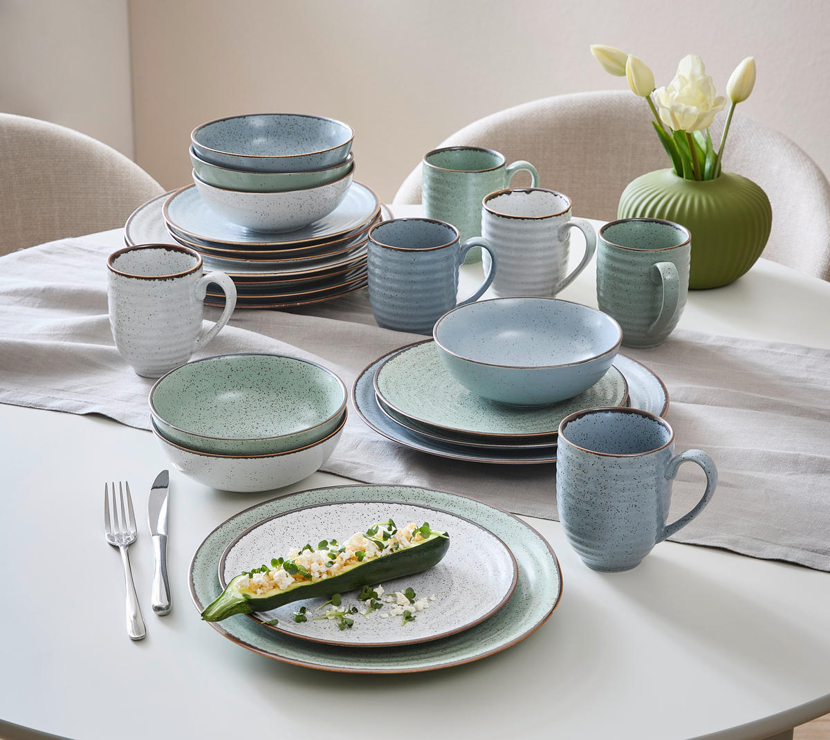 KOMBISERVICE Blau, Grün, Beige Farmhouse 24-teilig 6 Personen  - Blau/Beige, Design, Keramik - Landscape