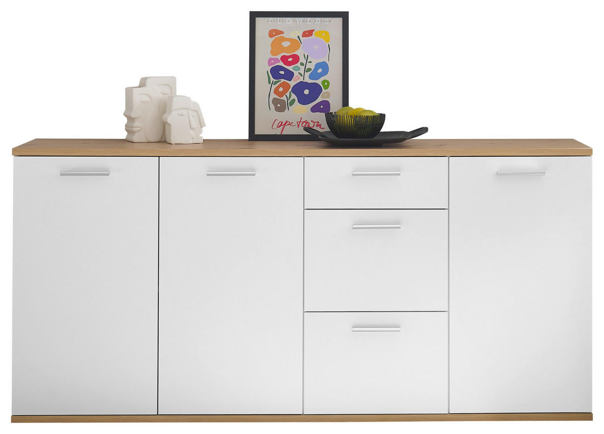 ŠIROKÁ KOMODA, biela, dub artisan, 180/86/38 cm - biela/strieborná, Design, kompozitné drevo/plast (180/86/38cm) - MID.YOU