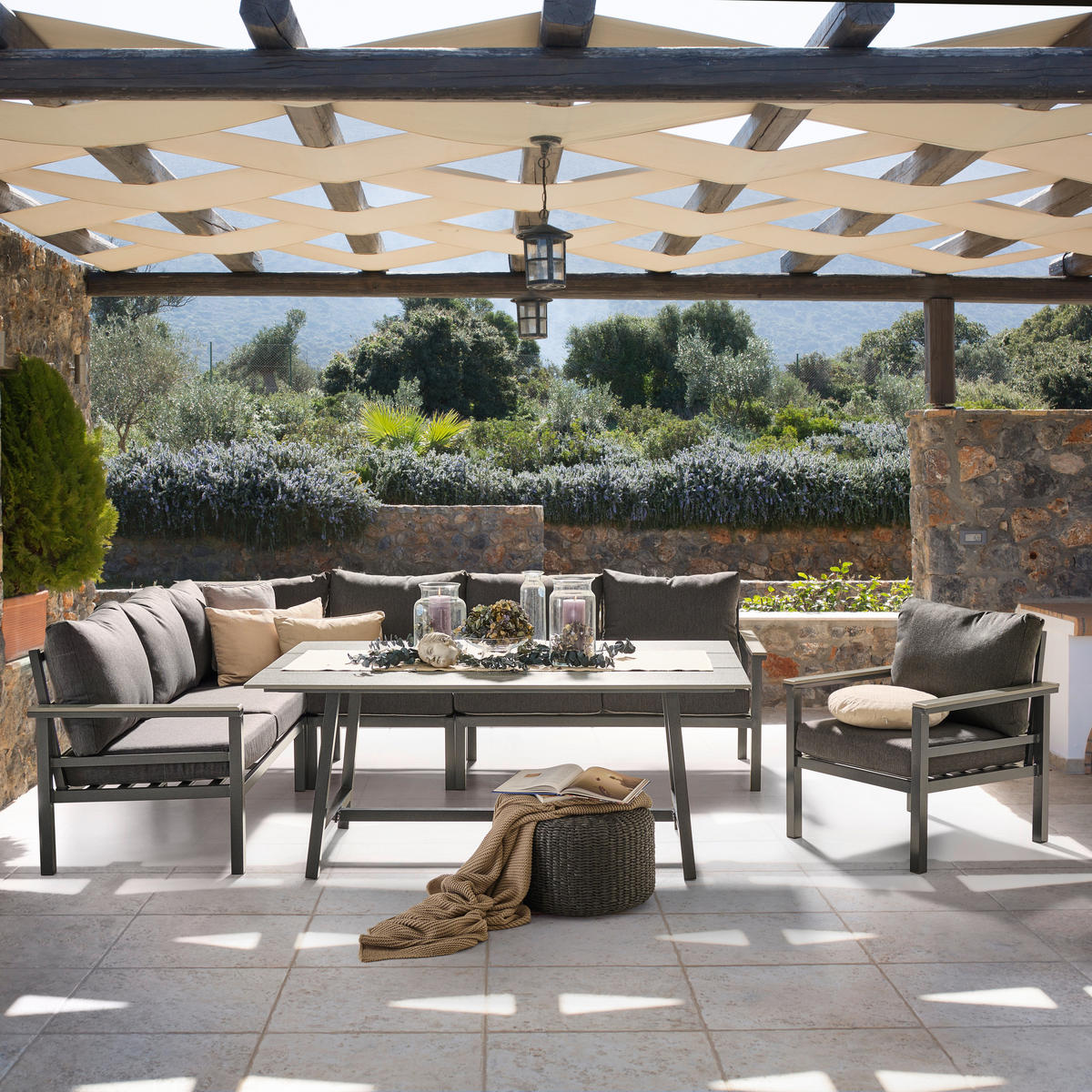 DINING-LOUNGESET 5-teilig  - Dunkelgrau/Hellgrau, Design, Kunststoff/Textil (259/199cm) - Amatio