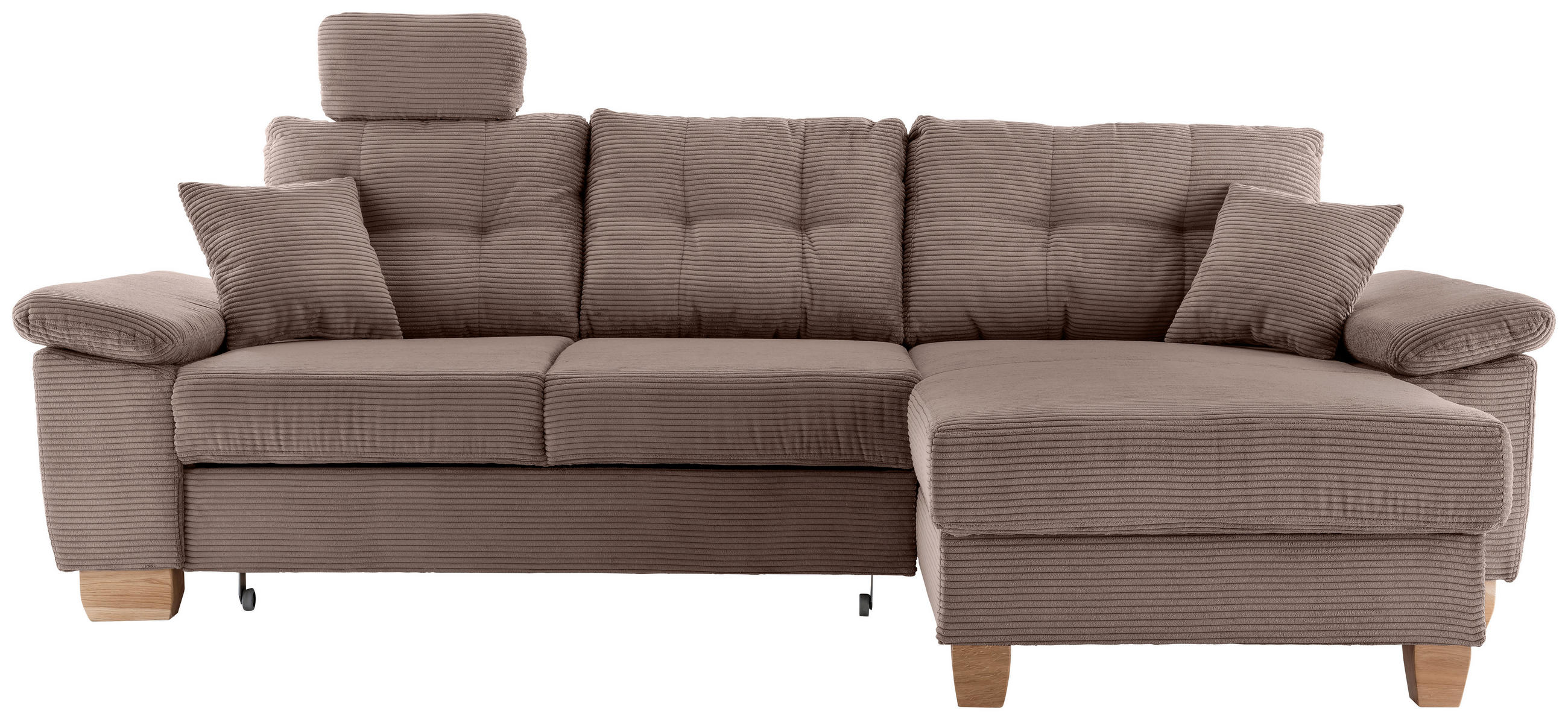 ECKSOFA Graubraun Cord Bettkasten, Schlaffunktion, Sitztiefenverstellung, Kopfstütze, Liegefläche im Originalstoff  - Graubraun/Naturfarben, MODERN, Holz/Textil (270/176cm) - Livetastic
