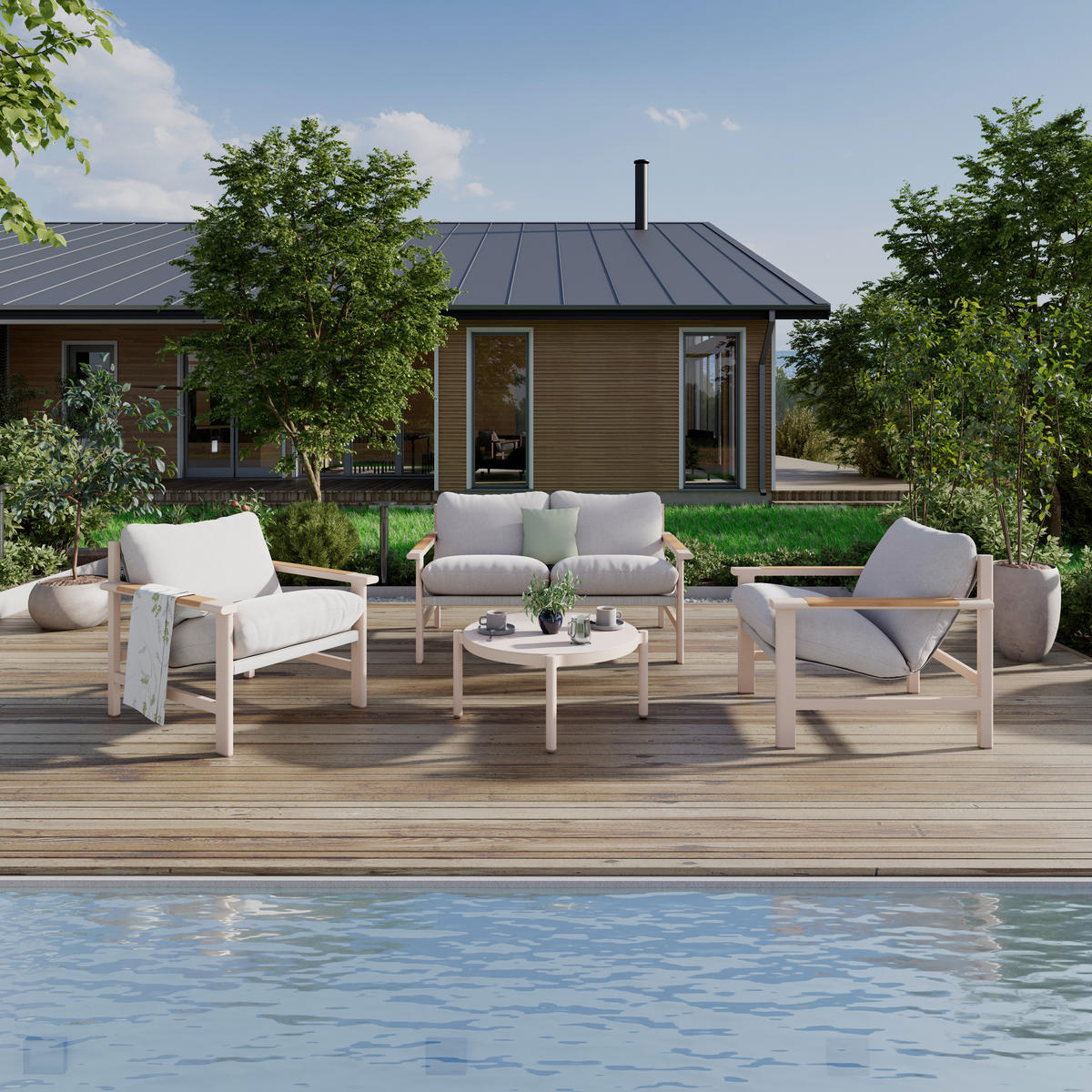 GARTENSET 4-teilig  - Beige/Hellgrau, Design, Glas/Textil - Ambia Garden