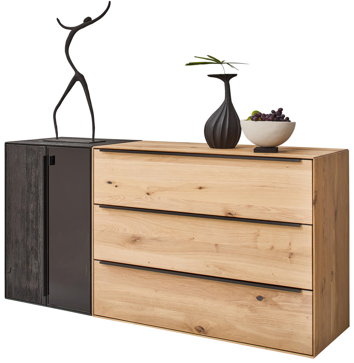 SIDEBOARD Schwarz, Eichefarben  184/90,3/47,1 cm  - Eichefarben/Anthrazit, Natur, Glas/Holz (184/90,3/47,1cm) - Valnatura