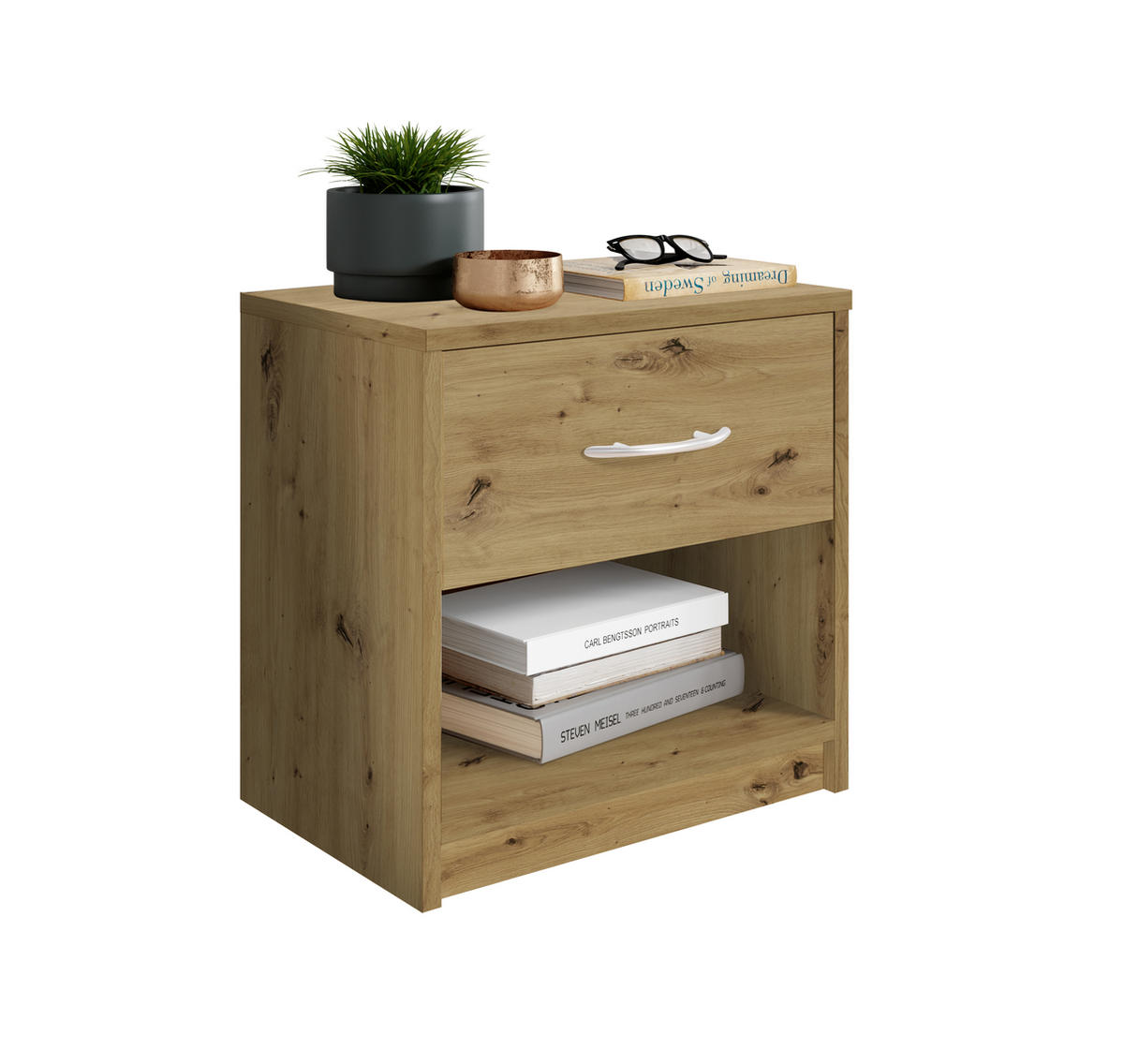 NOČNÝ STOLÍK, dub artisan, 39/41/28 cm - dub artisan/hliníková, Konventionell, kompozitné drevo/plast (39/41/28cm) - Carryhome