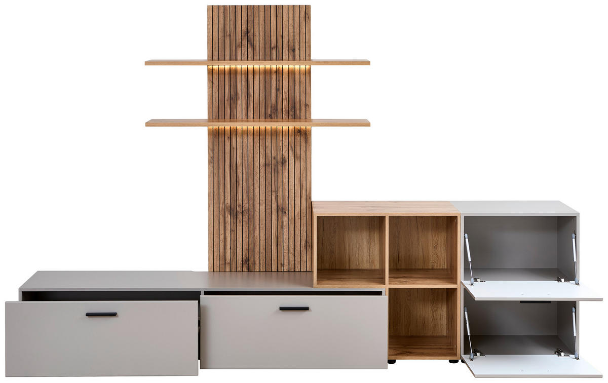OBÝVACÍ STĚNA, barvy dubu, šedobéžová - černá/barvy dubu, Moderní, kompozitní dřevo/plast (296/190/40cm) - Carryhome