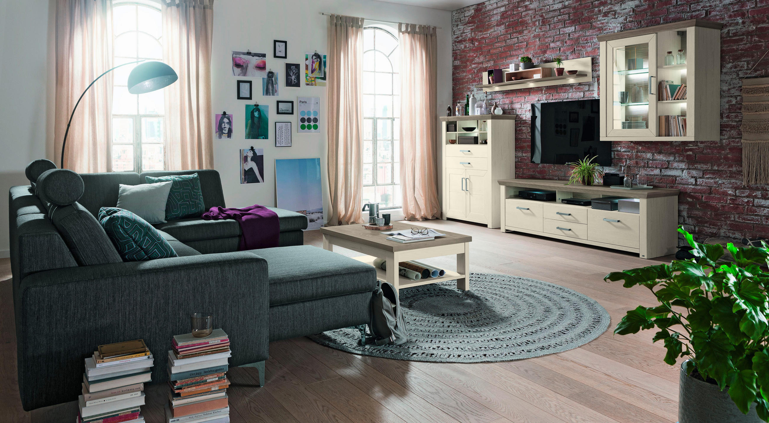 Thumbnail - SetOne by Musterring Wohnwand, Weiß, Eiche, Metall, 3,5 Fächer, 4 Schublade(n) Schubladen, 374x207x51.2 cm, Beimöbel erh...