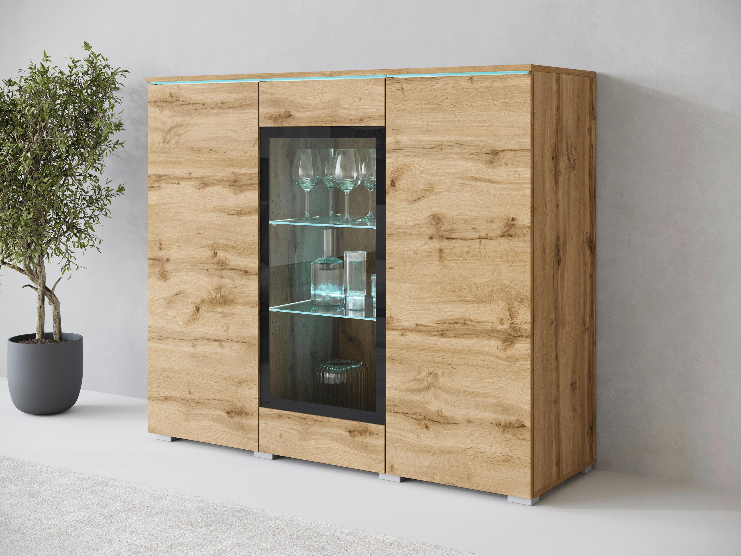 HIGHBOARD  in 120/102,3/39,5 cm  - Eiche Wotan/Grau, Trend, Glas/Holzwerkstoff (120/102,3/39,5cm) - P & B
