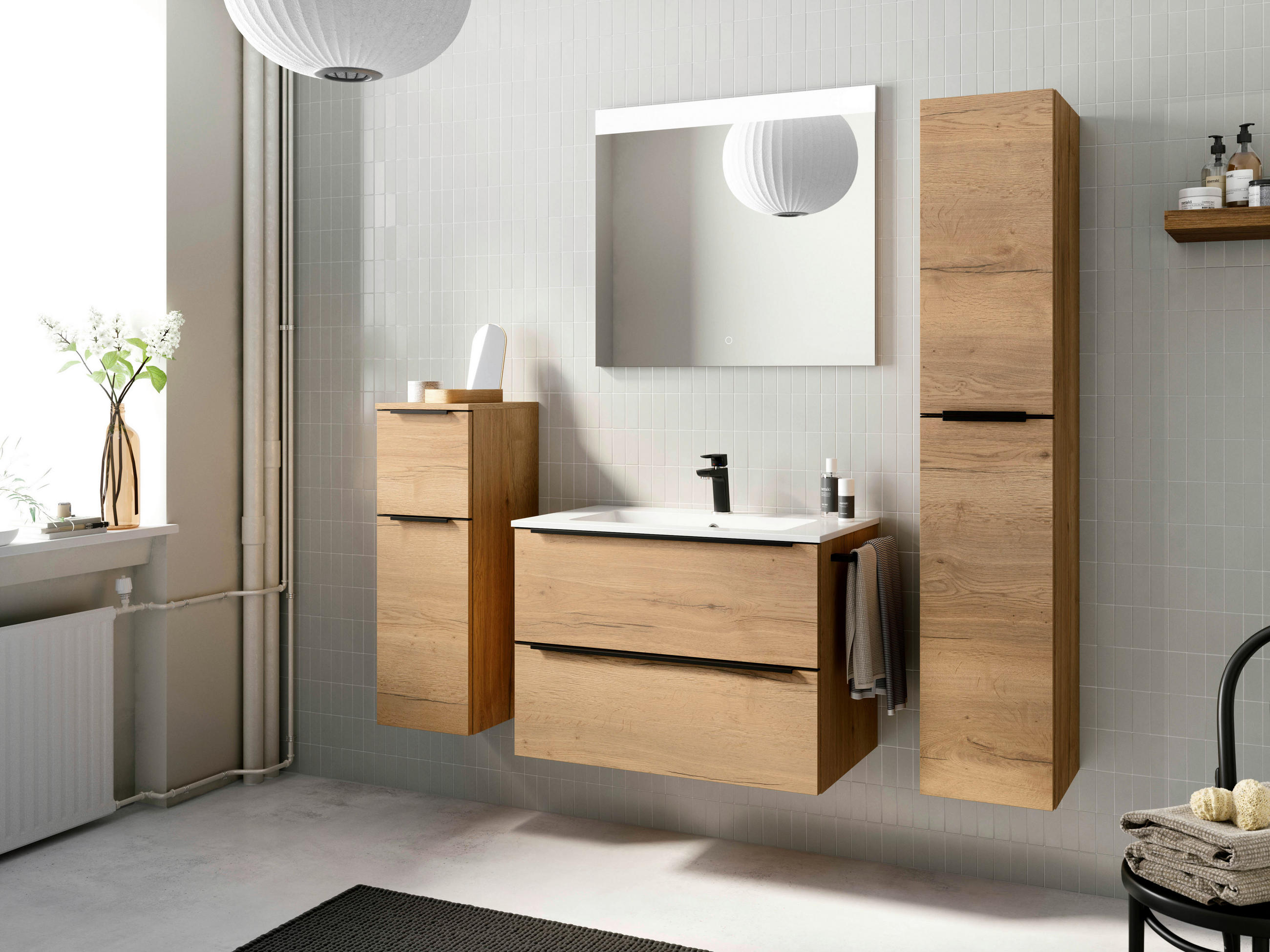 BADEZIMMER 5-teilig  in 141 cm  - Eichefarben/Schwarz, MODERN, Holzwerkstoff/Stein (141cm) - Nobilia