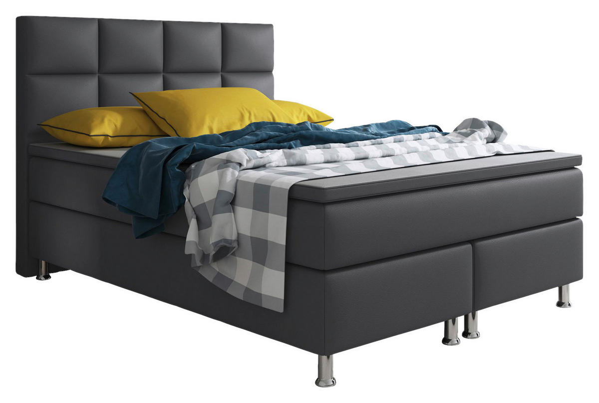 BOXSPRINGBETT  in Anthrazit, Matratze, gepolstertes Kopfteil, Topper, Matratzen, H3 + H3 = fest  - Anthrazit/Silberfarben, KONVENTIONELL, Leder/Textil (140/115/210cm) - MID.YOU