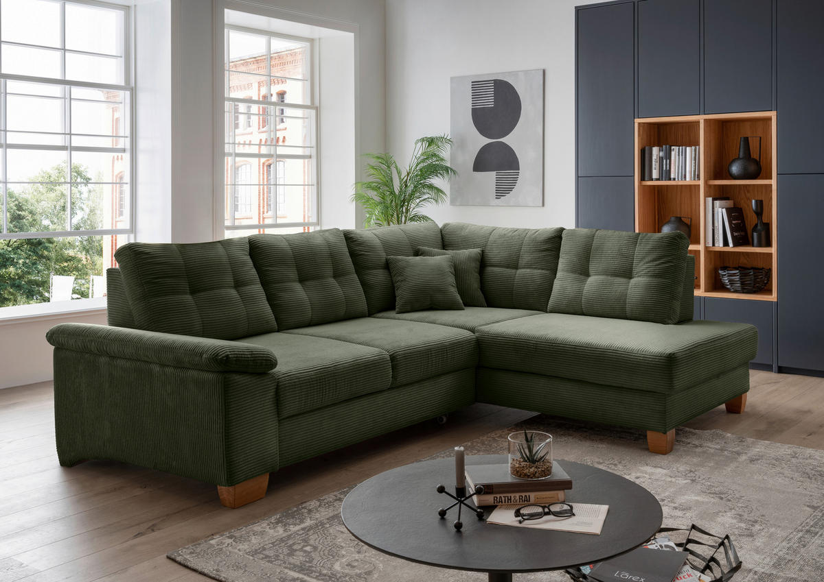 ECKSOFA in Cord Dunkelgrün  - Dunkelgrün/Naturfarben, Modern, Holz/Textil (274/206cm) - Livetastic
